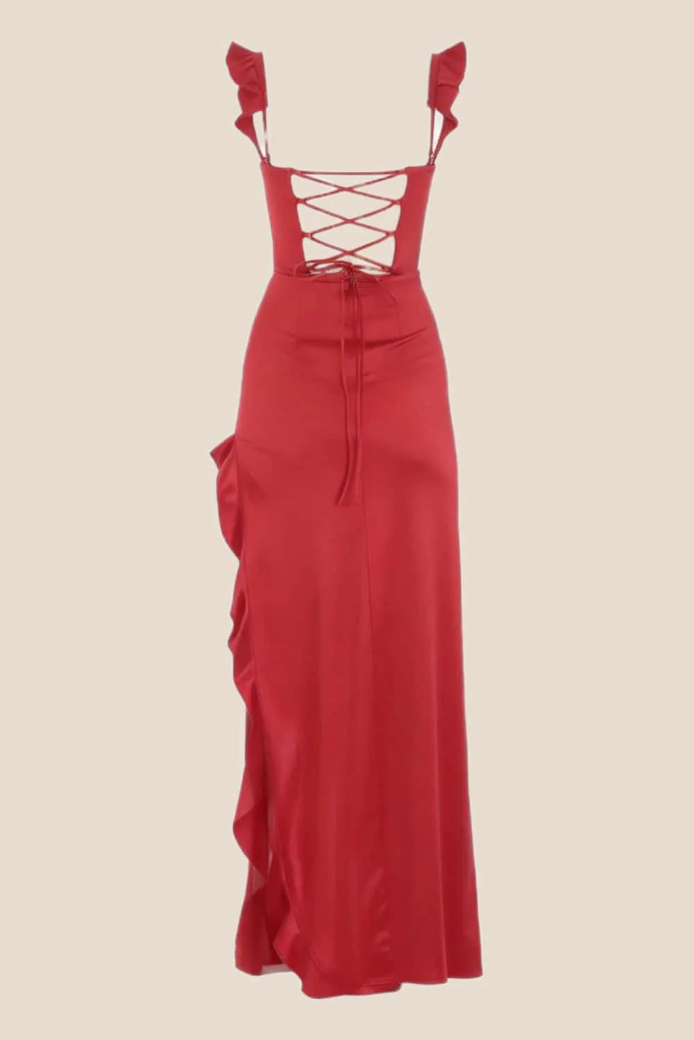 Ruffle Straps Red Satin Slit Dress