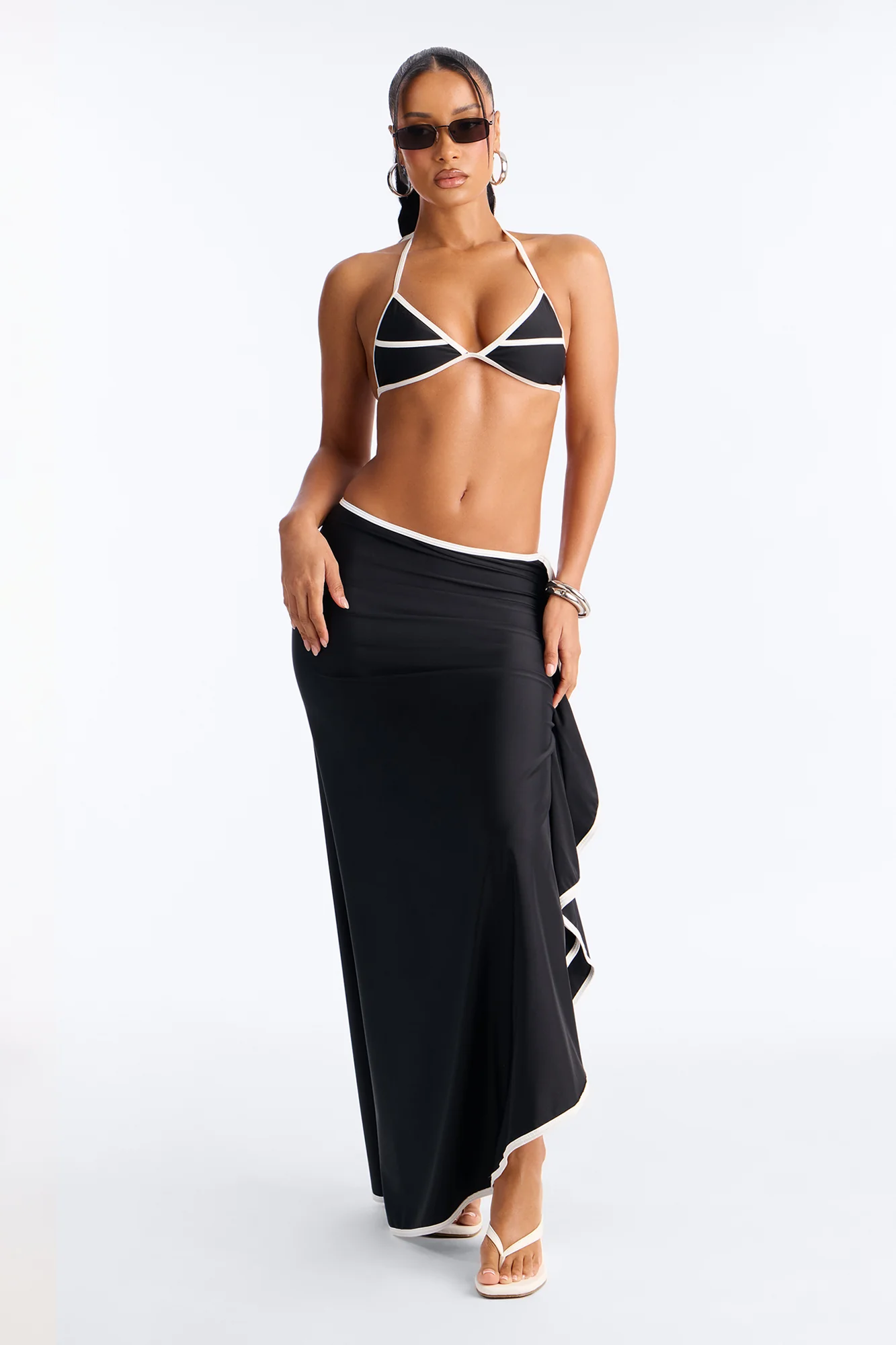 Iris Colorblock Ruffle 3 Piece Bikini Skirt Set - Black/combo