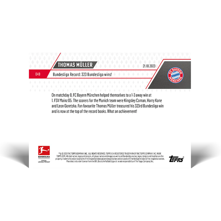 Topps UK - Thomas Müller - Bundesliga Record: 323 Bundesliga wins! - Bundesliga TOPPS NOW® Card #49