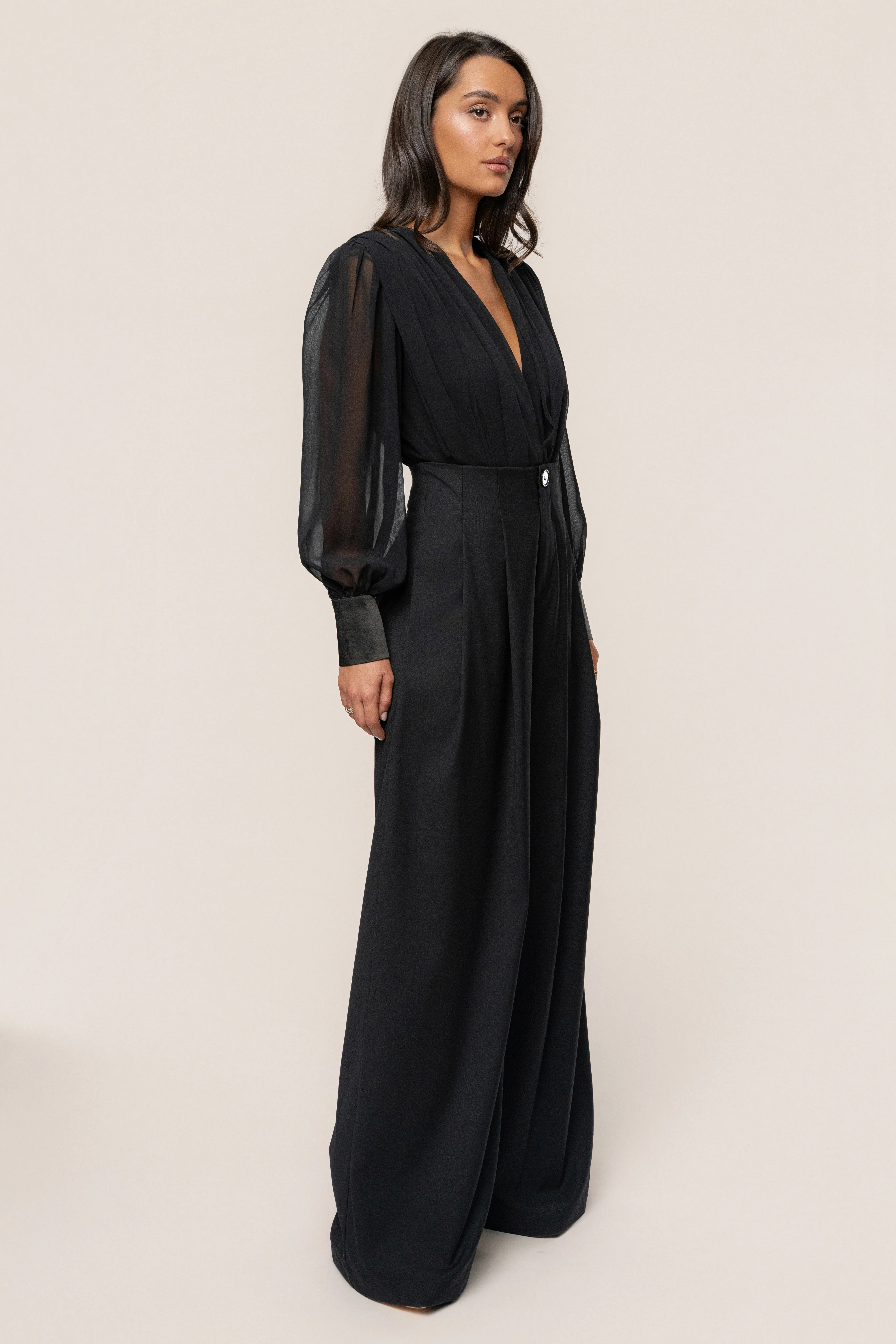 Black Refined Pleated Chiffon Top
