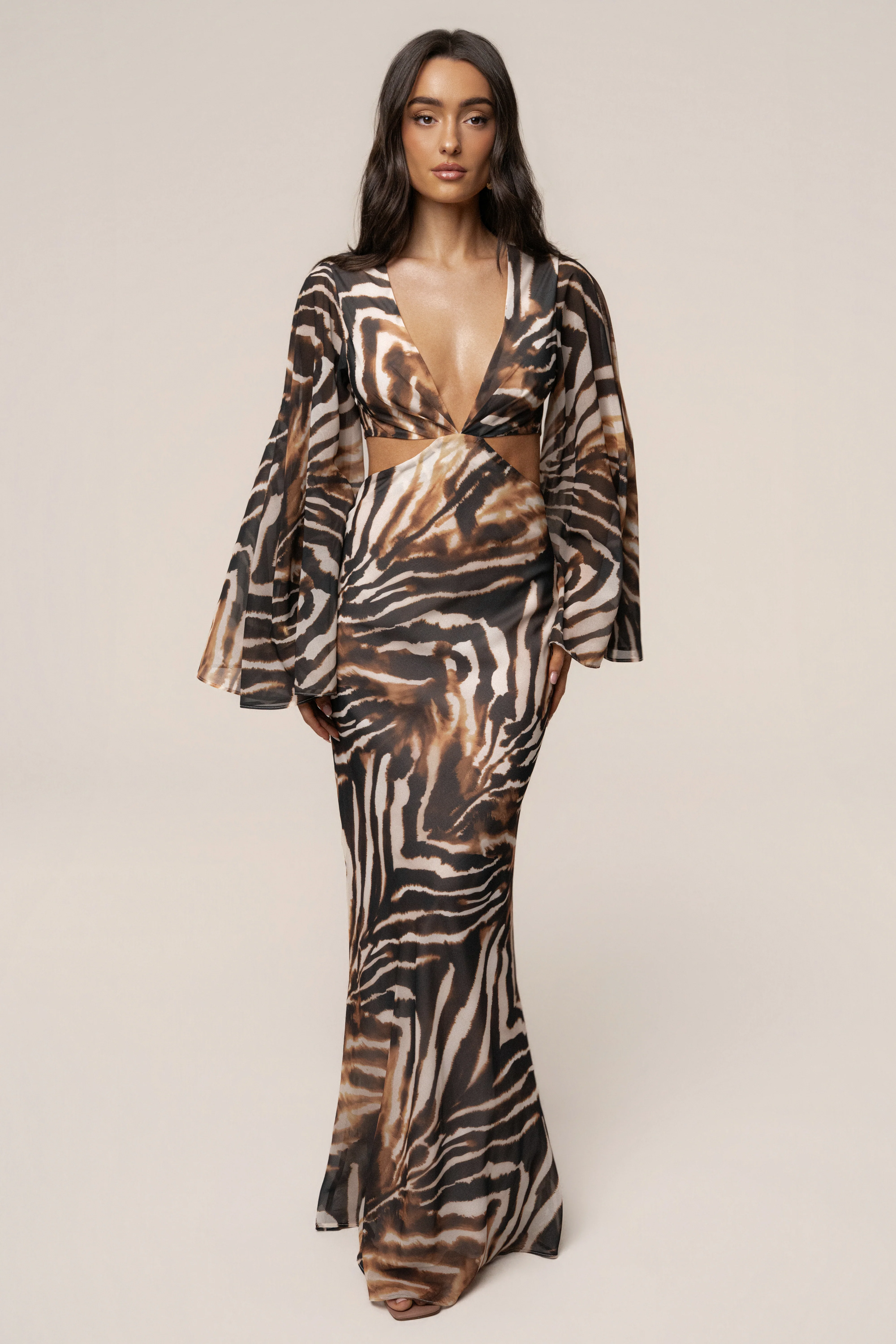 Brown Zebra Instincts Print Maxi Dress