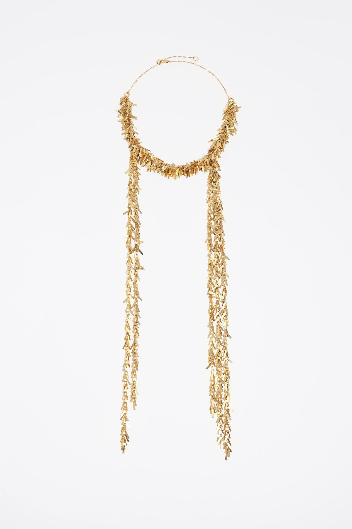 Aged gold metal chain necklace with fringe