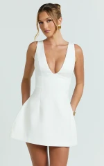 Karissa Mini Dress - V Neck Fit And Flare Dress in White