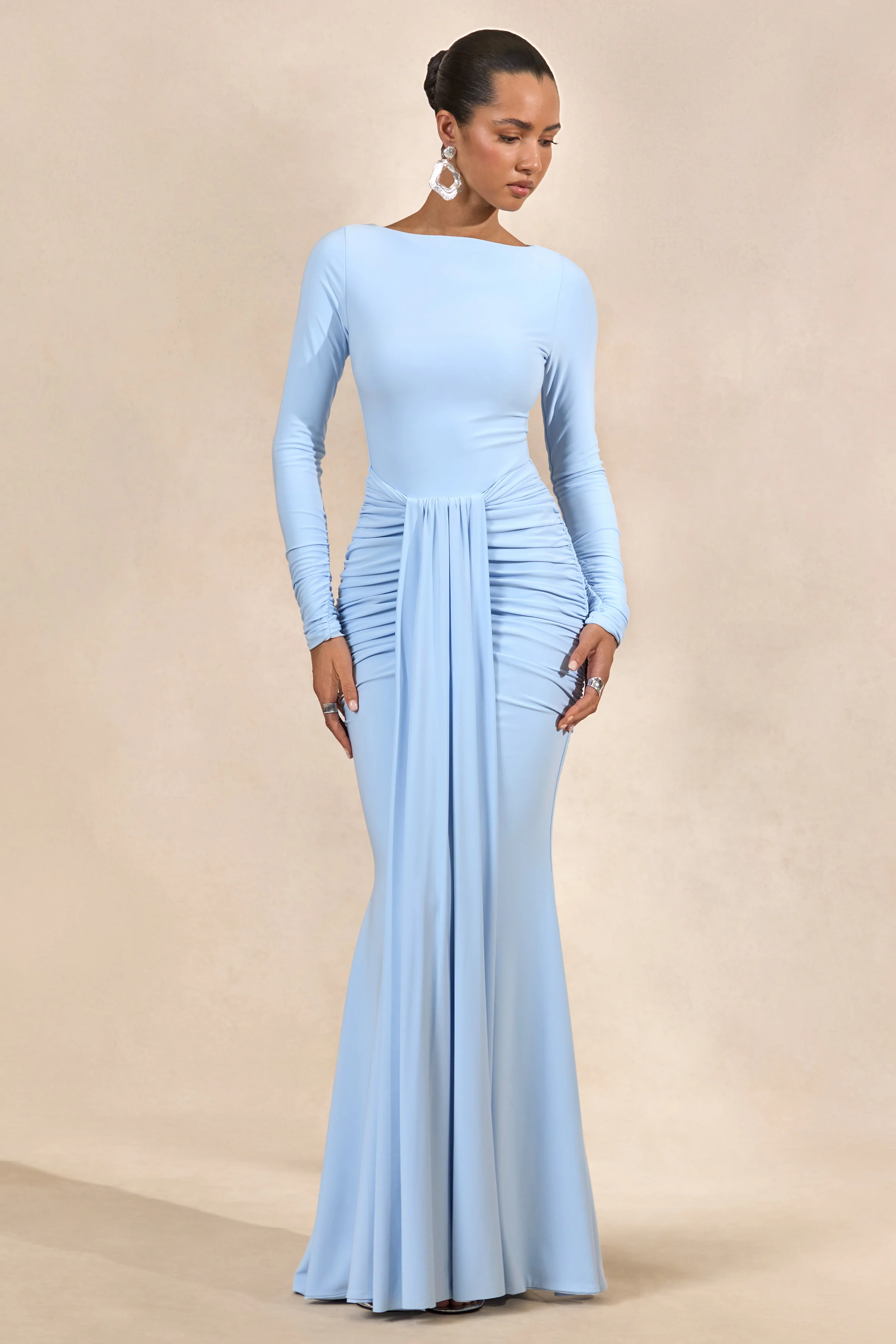 Liatris | Light Blue Jersey Boat Neck Long Sleeve Maxi Dress With Gathered Detailing And Sash