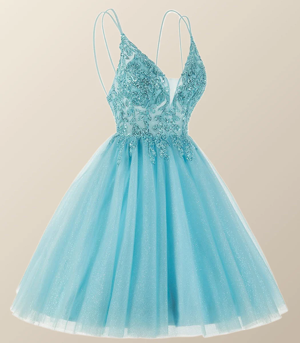Straps Blue Beaded A-line Short Homecoming Dress