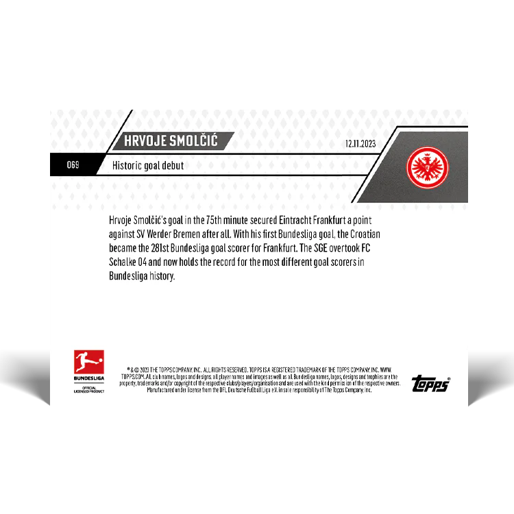 Topps UK - Hrvoje Smolčić - Historic goal debut - Bundesliga TOPPS NOW® Card #69