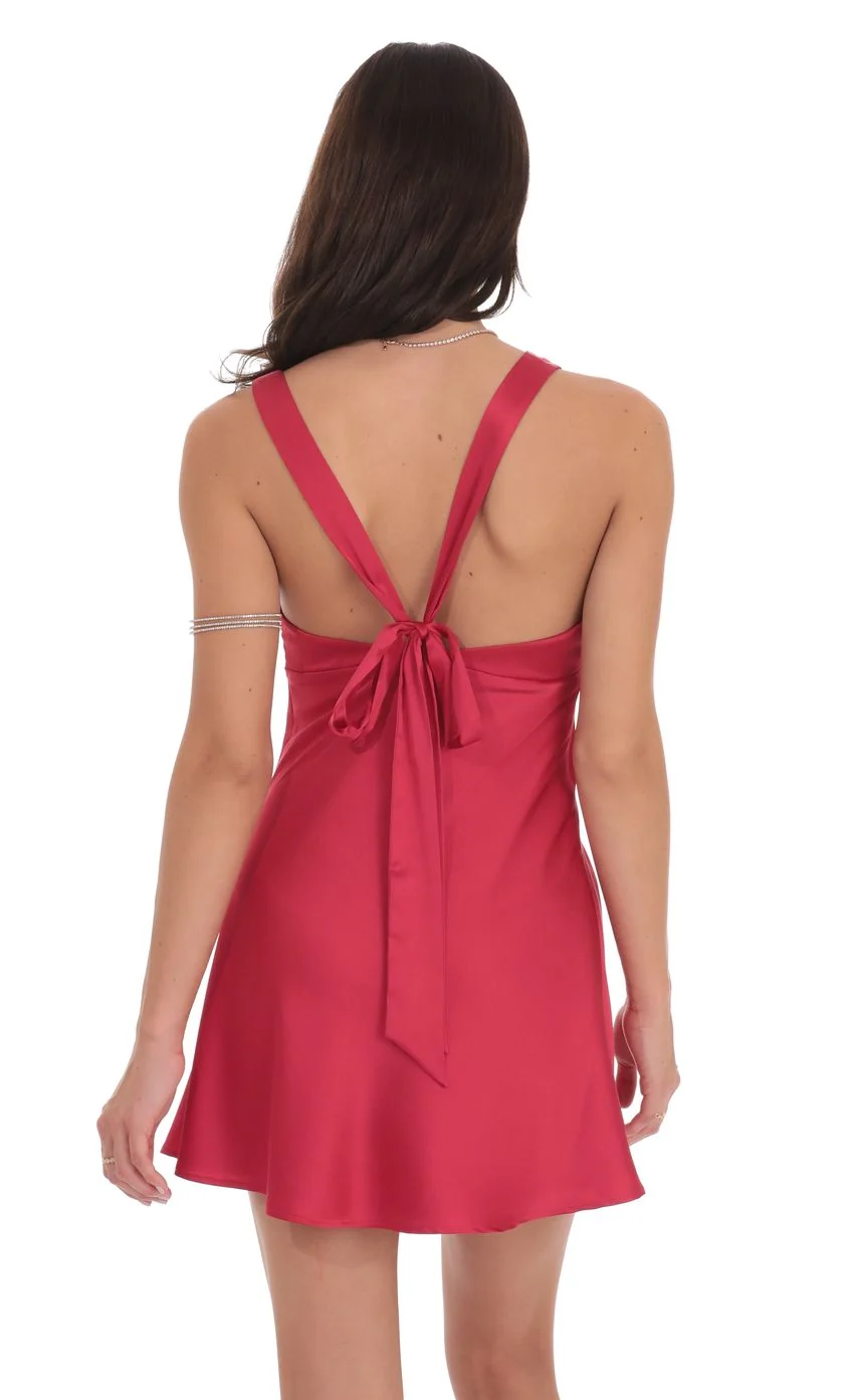 Satin V-Neck Open back Dress in Red