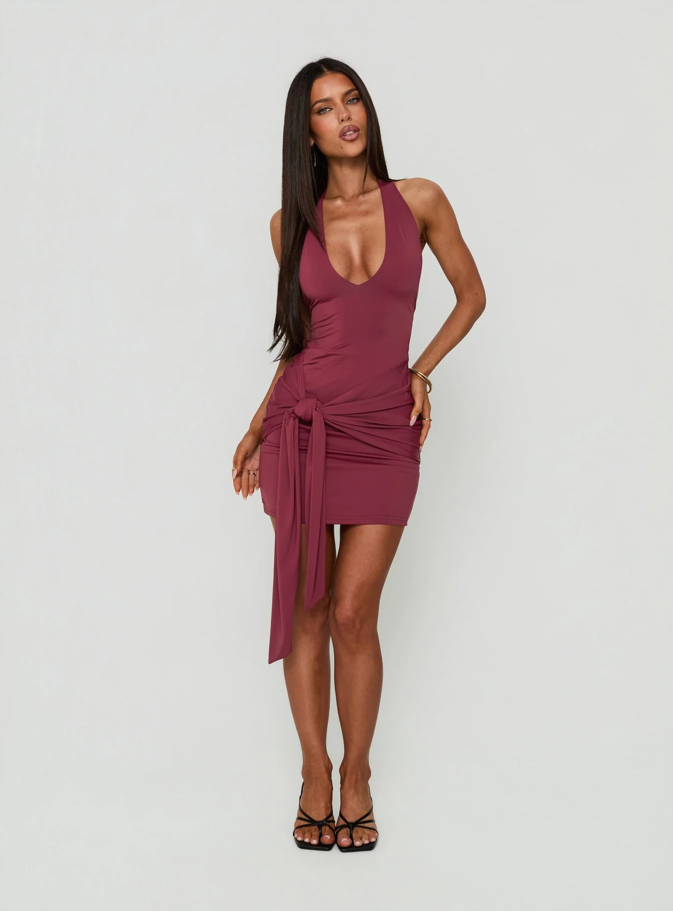 Poppee Halter Tie Detail Mini Dress Burgundy