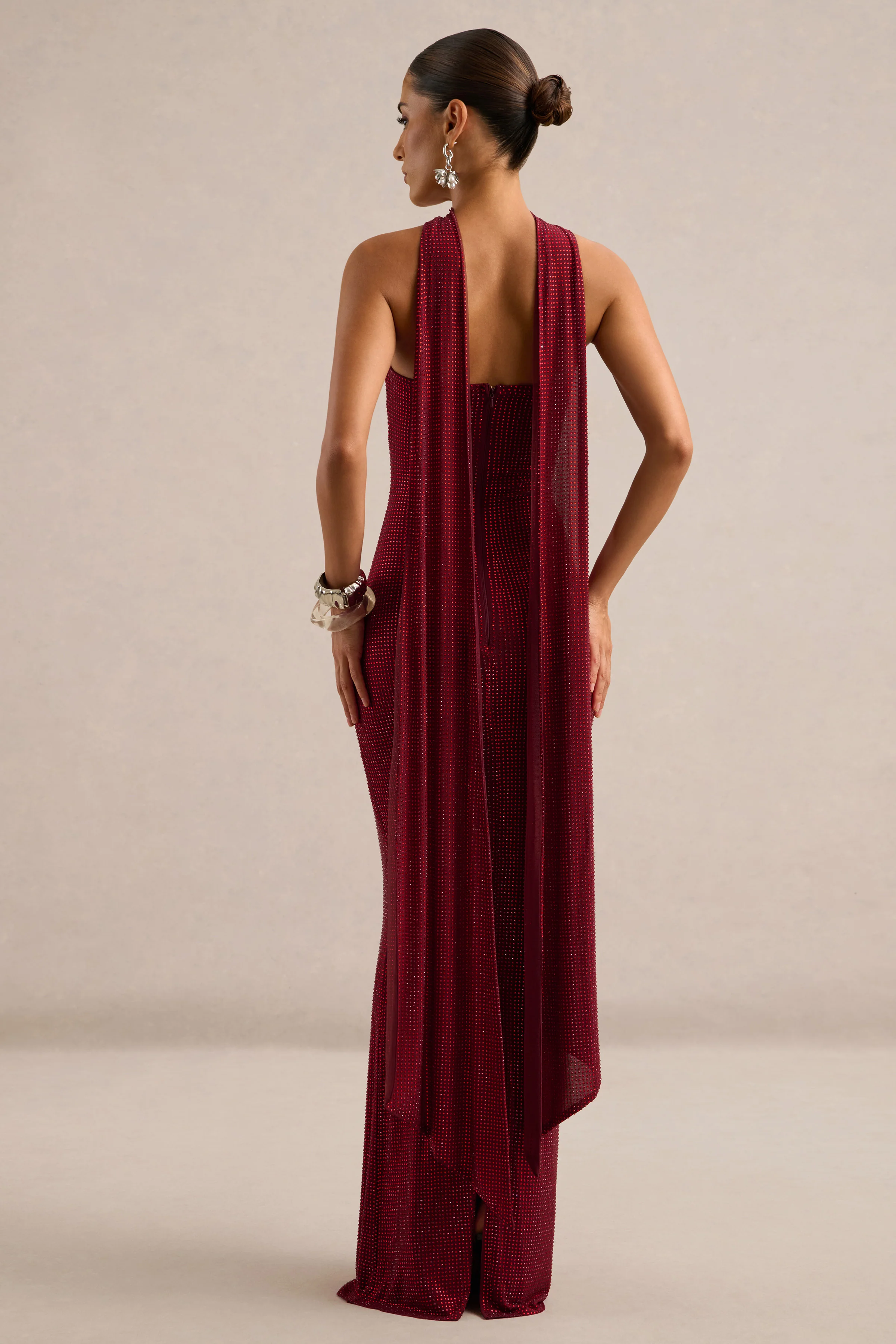 Dafina | Burgundy Embellished Jersey Bandeau Maxi Dress With Scarf Detail
