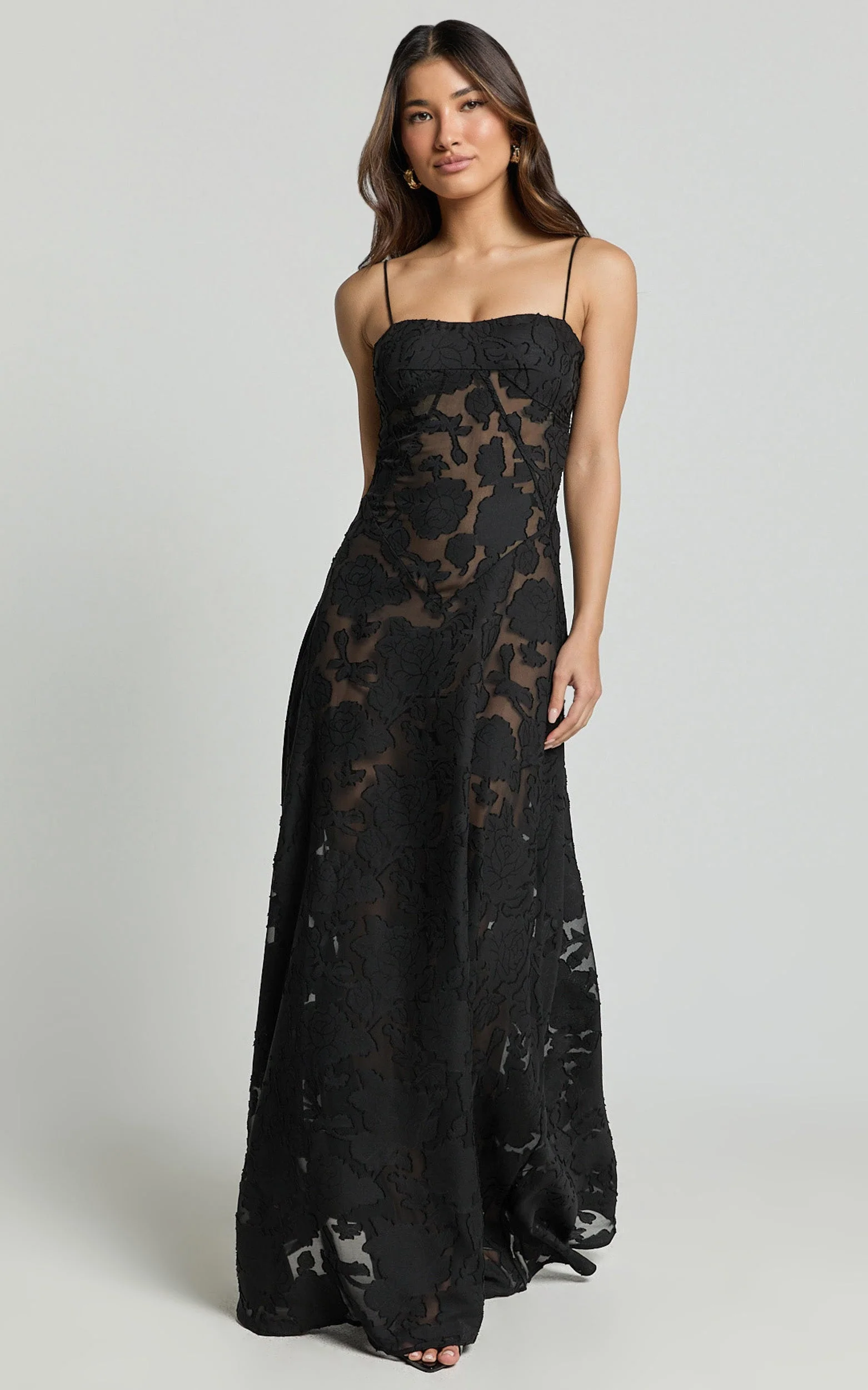 Lily Maxi Dress - Sheer Jacquard Maxi Dress in Black