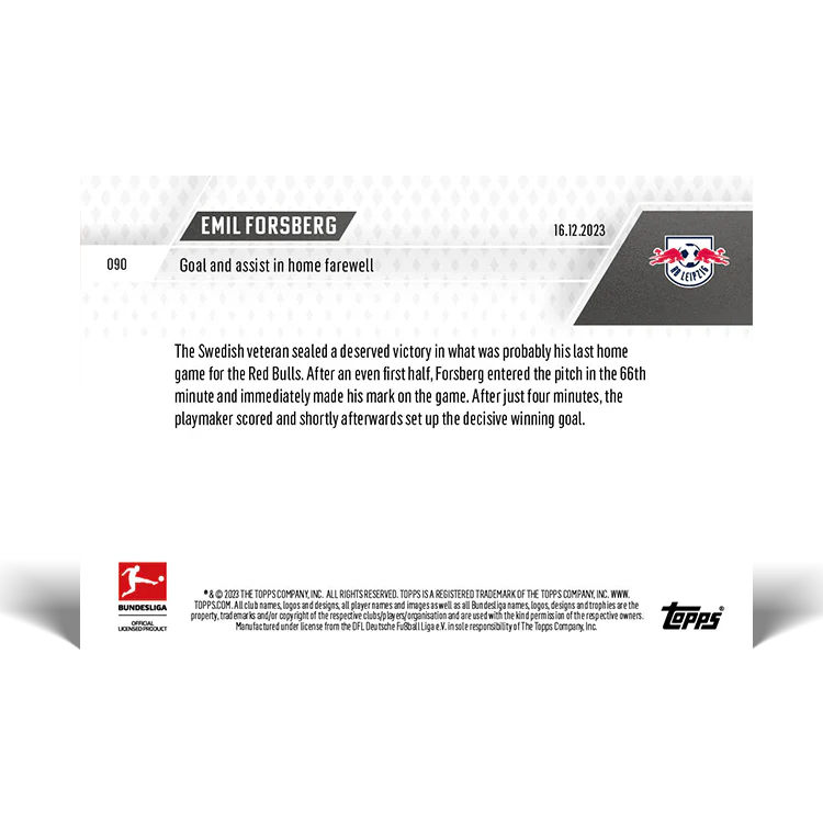 Topps UK - Emil Forsberg - Goal and assist in home farewell - Bundesliga TOPPS NOW® Card #90