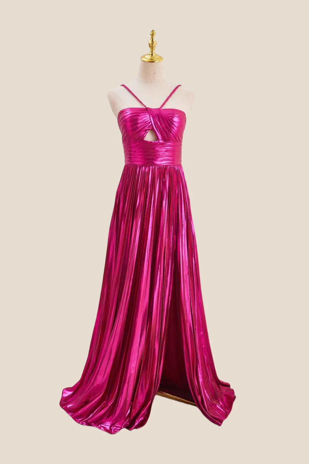 Halter Fuchsia Pleated Metallic Long Dress