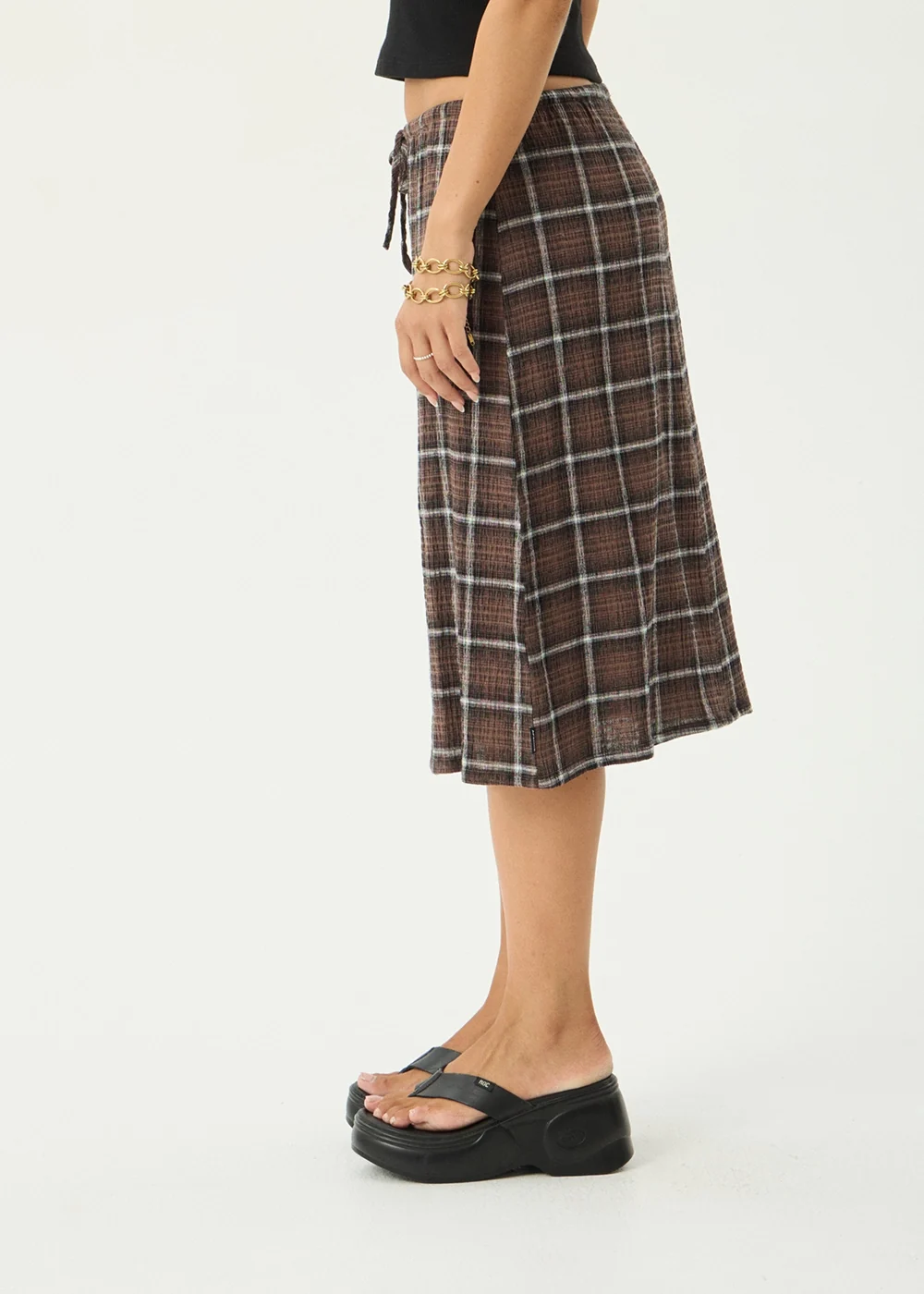 AFENDS Womens Reverie - Seersucker Midi Skirt - Coffee Check