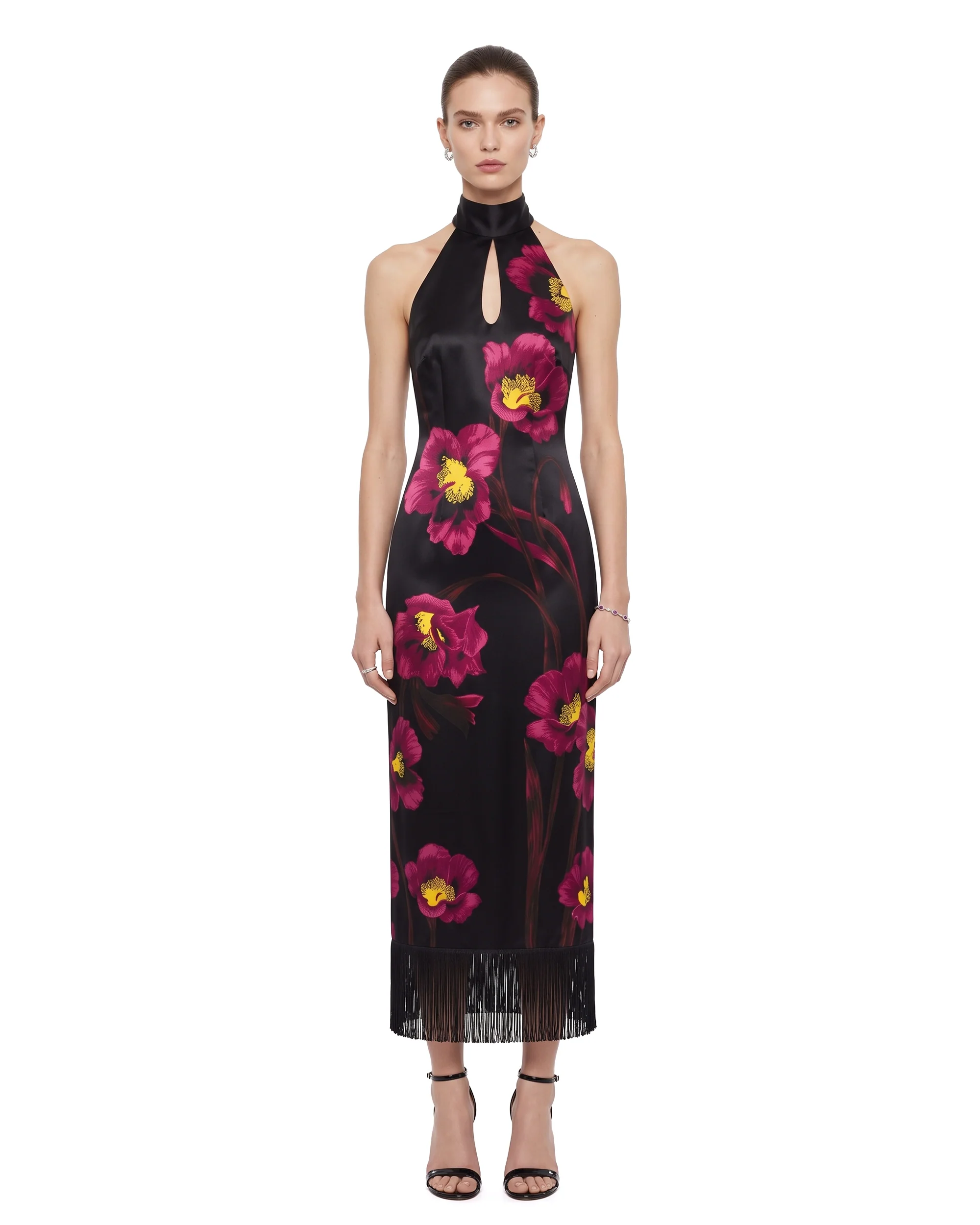 The Cheongsam-Reimagined Floral Print Keyhole Fringe Midi Dress - Black