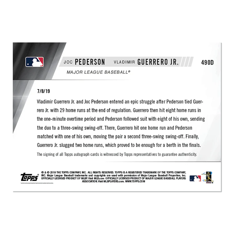 Dual On-Card Autograph # to 1 - Pederson/Guerrero Jr. - MLB TOPPS NOW® Card 490D