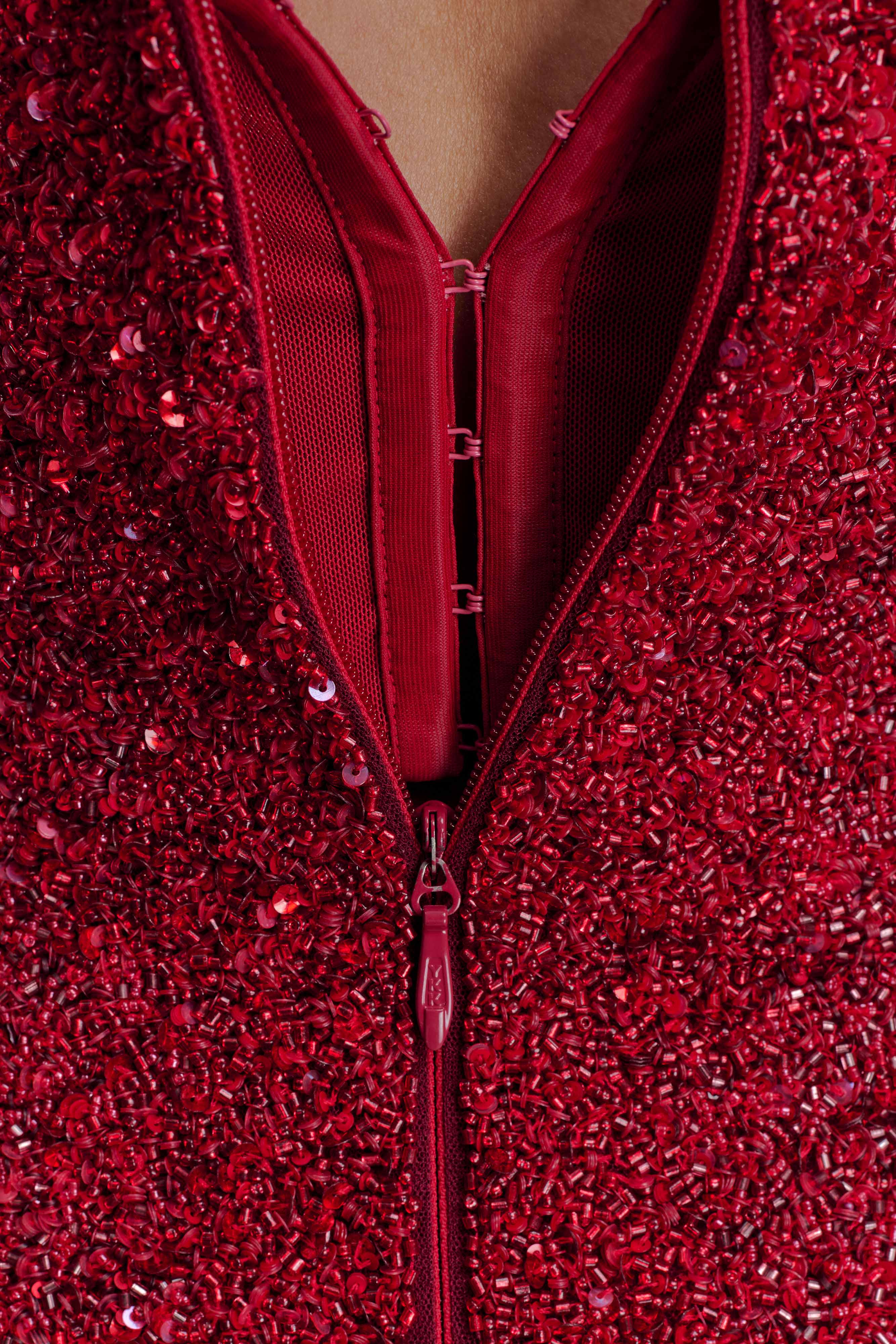 Zander Hand Beaded Strapless Mini Dress - Red Ombre