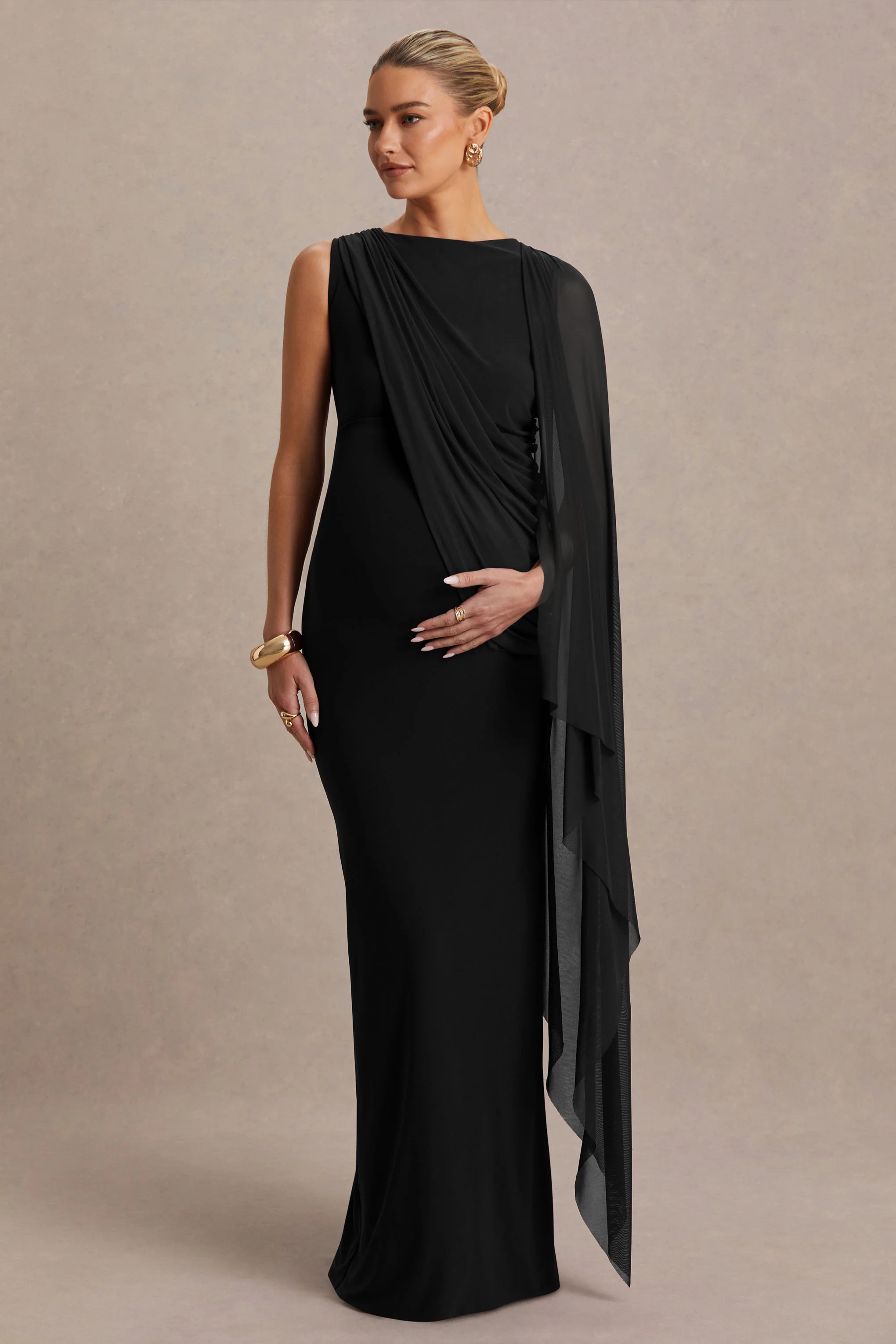 Cristina | Black High-Neck Maternity Maxi Dress With Cape-Sleeve