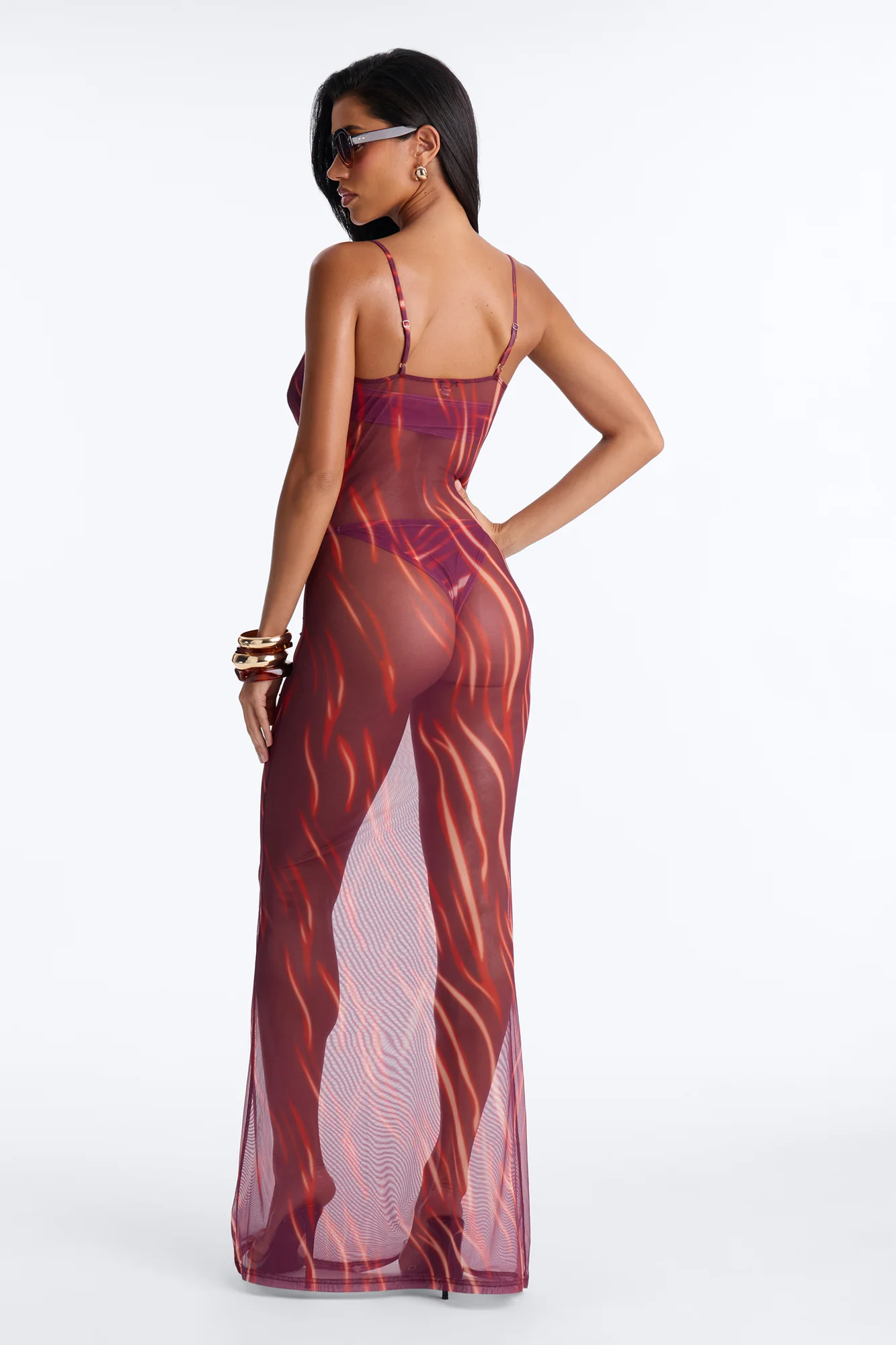 Soul On Fire 3 Piece Bandeau Bikini & Cover Up Plunge Maxi Dress - Red/combo
