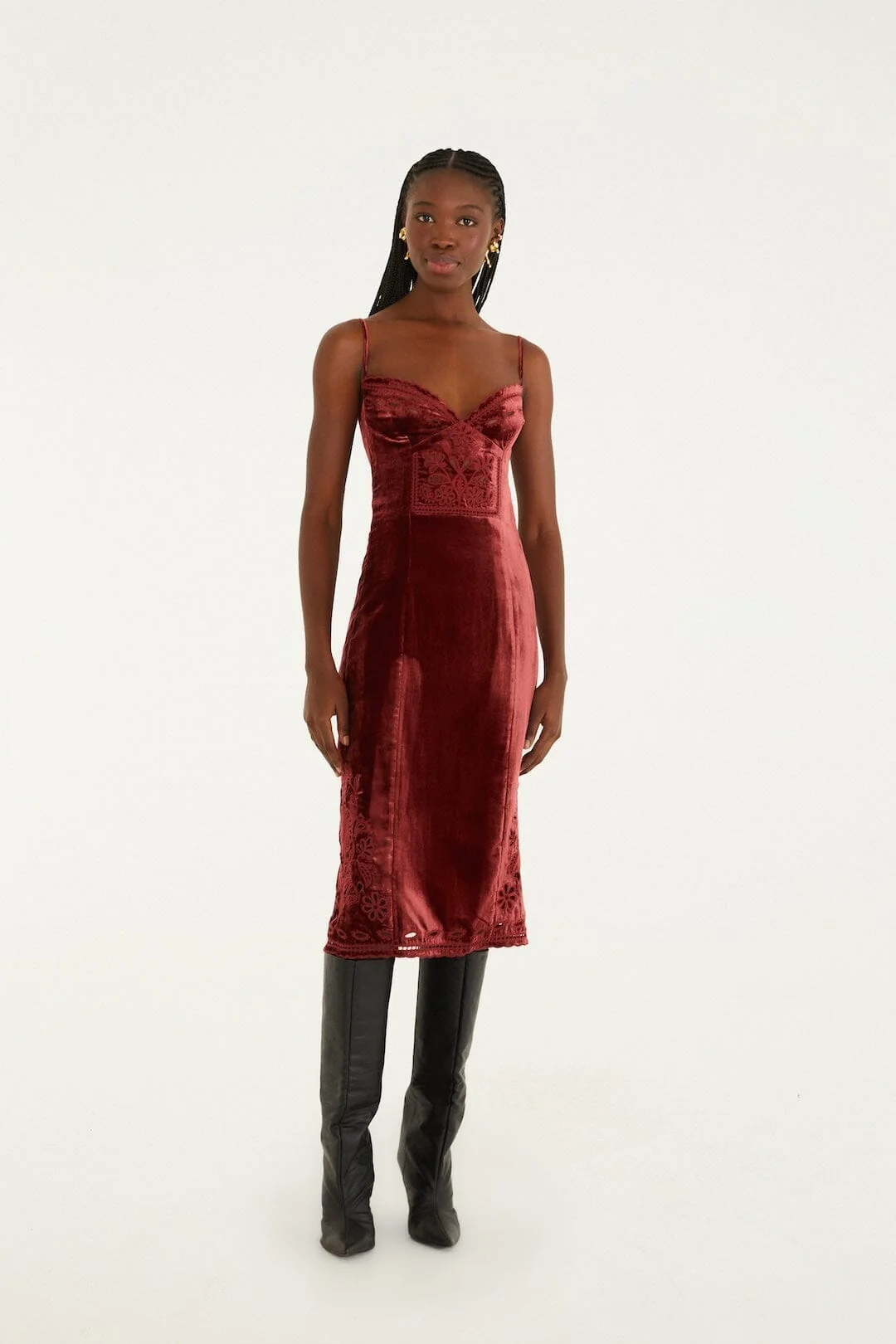 Burgundy Cut-Out Flowers Sleeveless Midi Dress