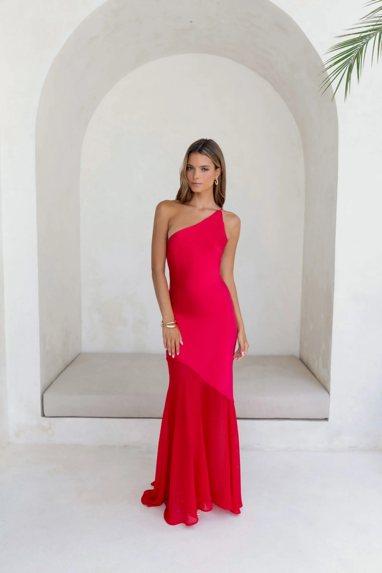 Chase The Thrill One Shoulder Satin Maxi Dress Red