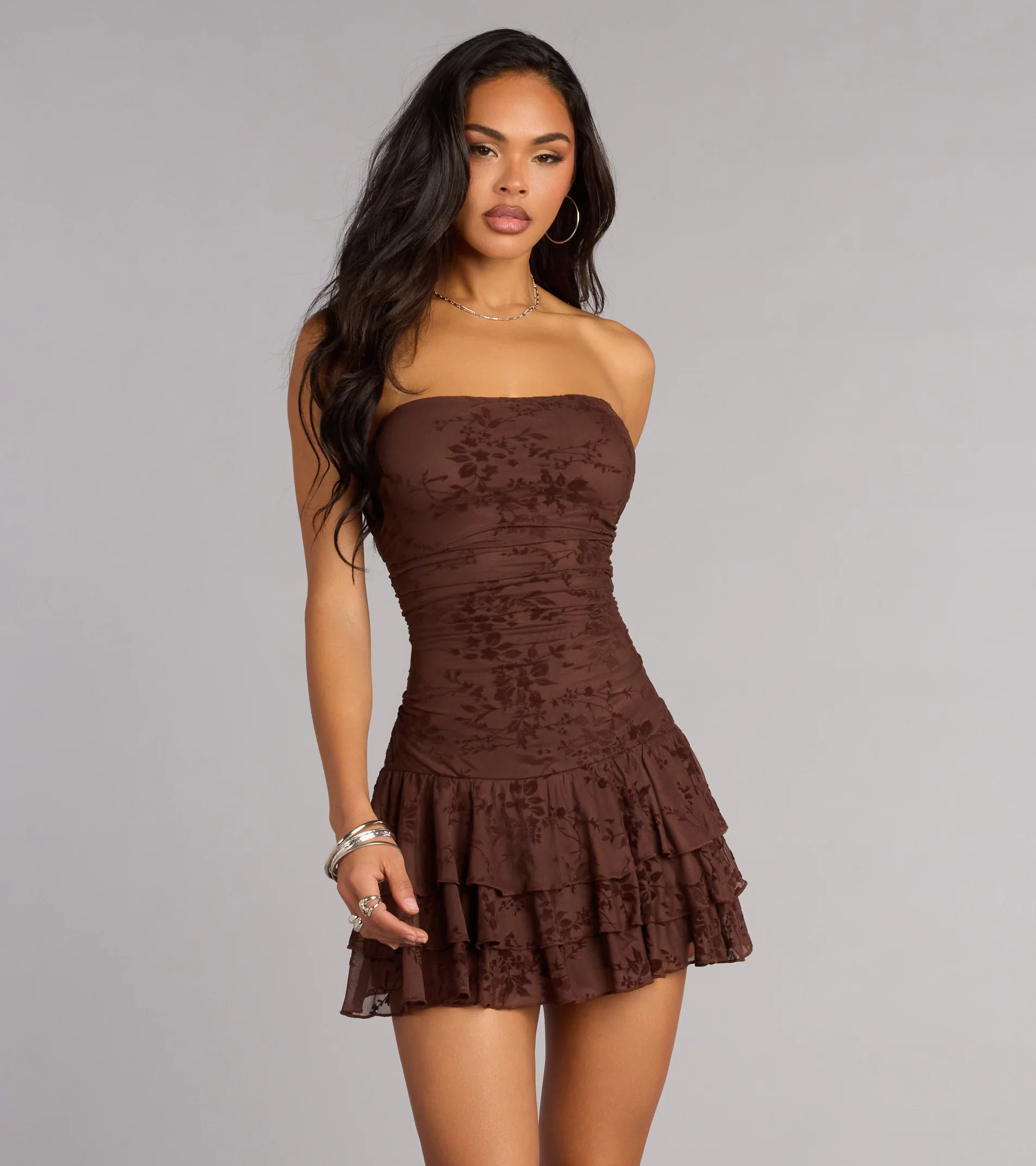Mood Set Strapless Ruffled Mini Dress