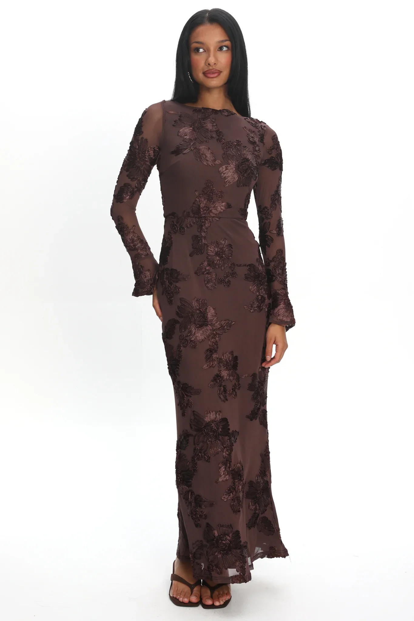 Helsi Long Sleeve Embellished Maxi Dress Brown