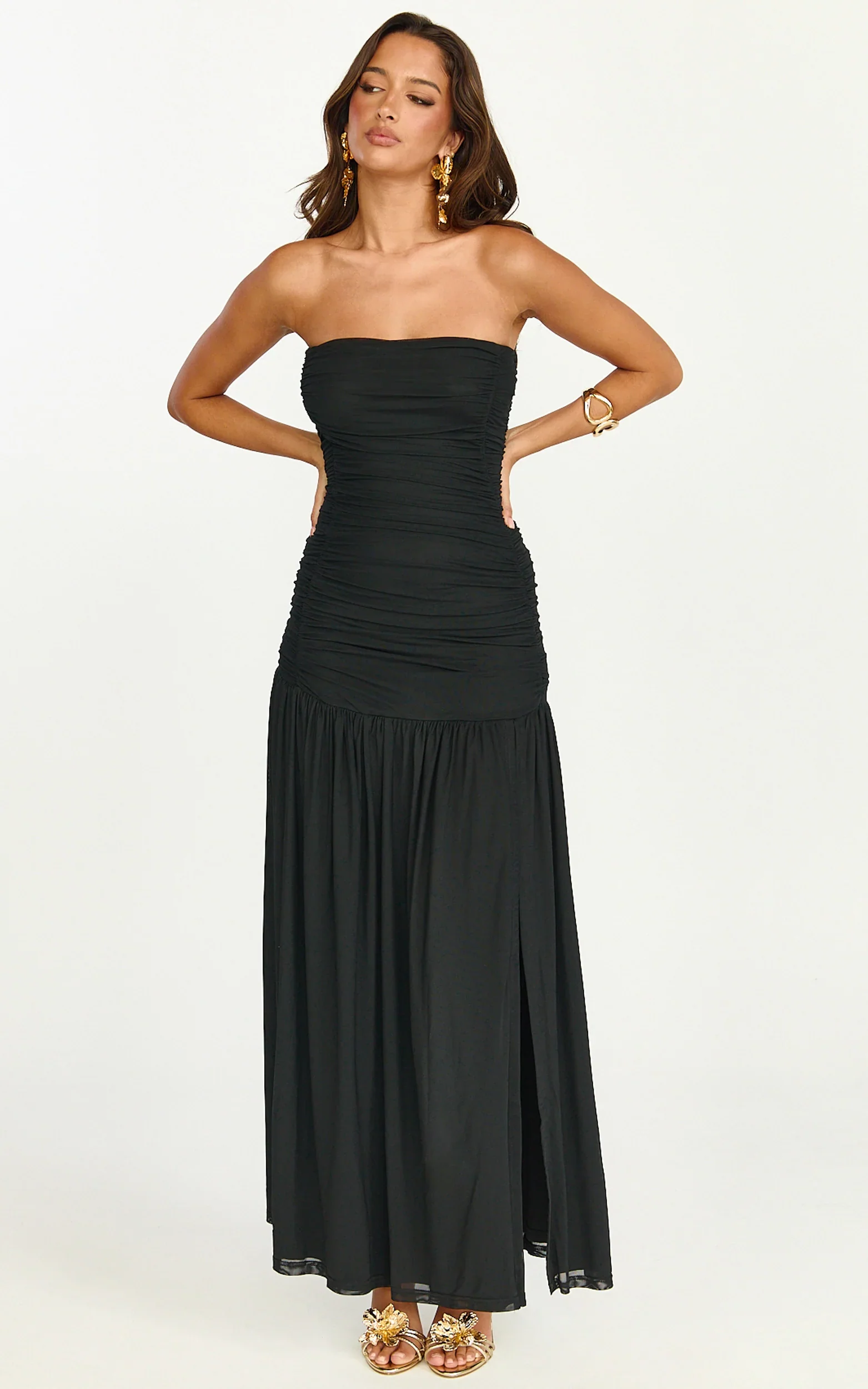 Marguerite Maxi Dress - Strapless Ruched Mesh High Leg Split Dress in Black