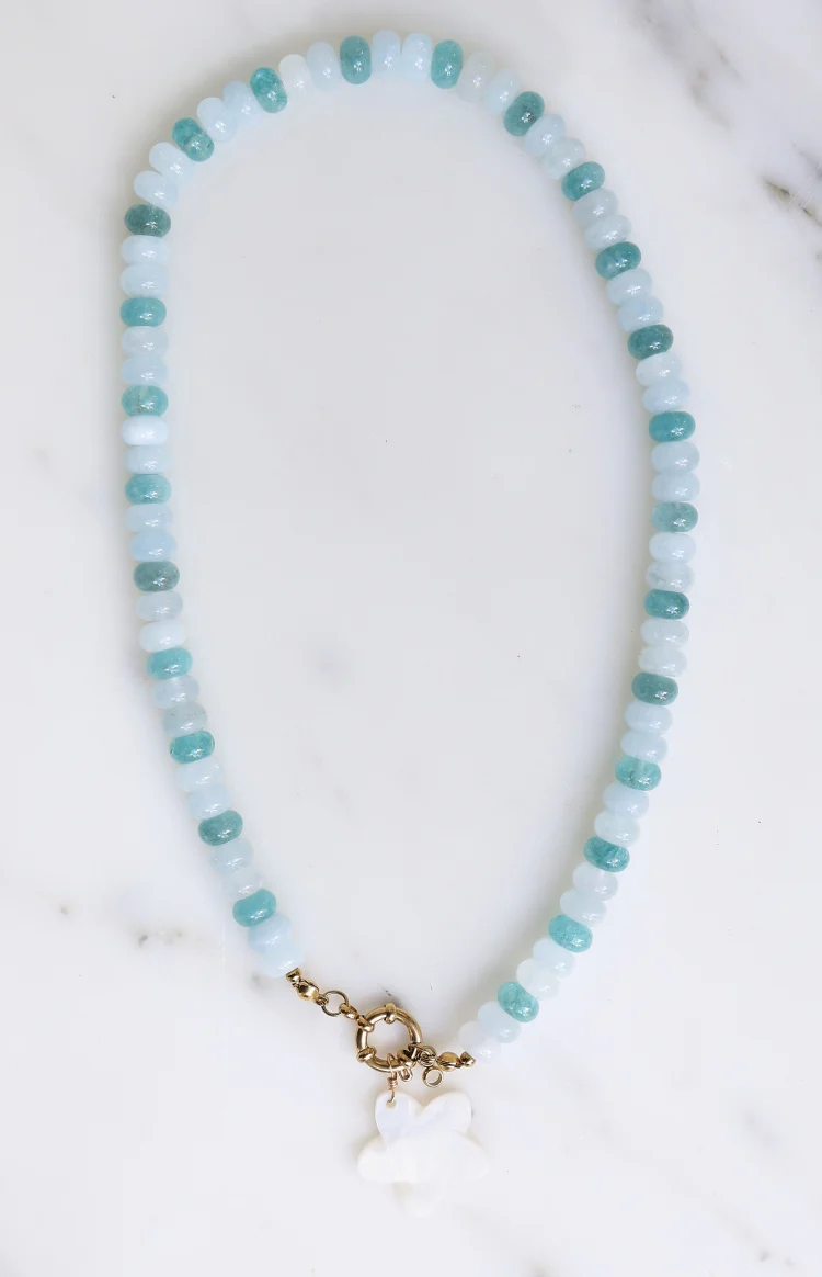 Roche Blue Beaded Flower Charm Necklace