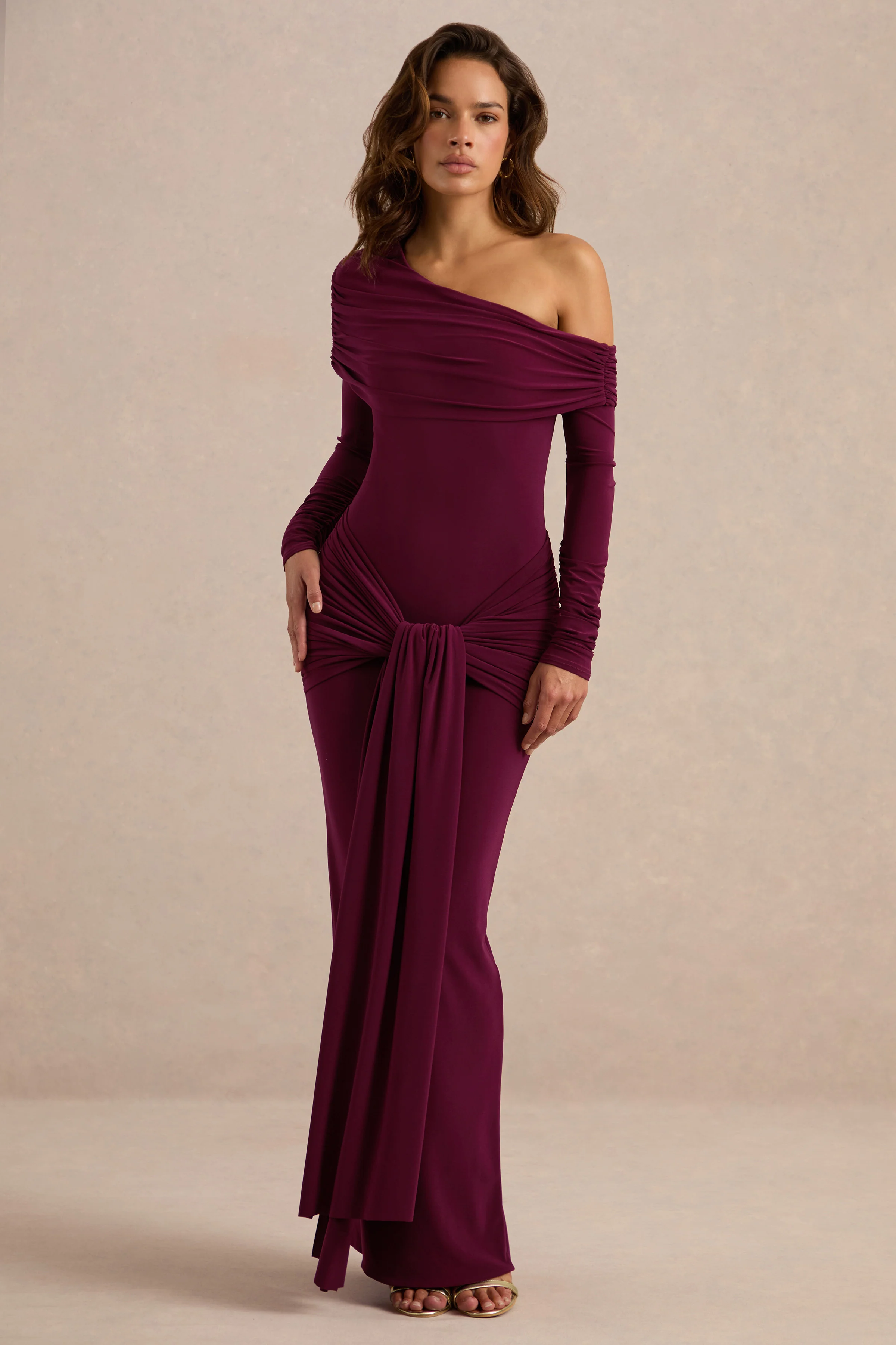 Avonlea | Burgundy Jersey Ruched One Shoulder Long Sleeve Maxi Dress With Sash