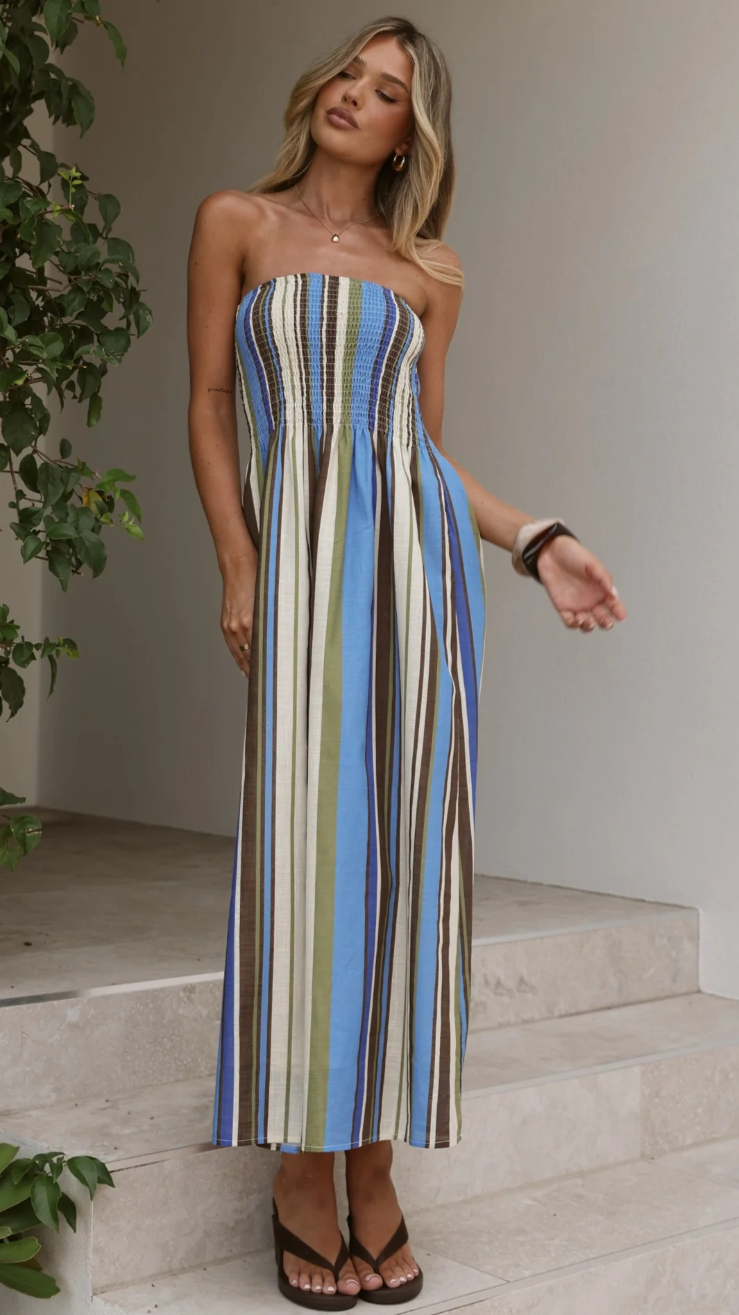 Tierra Strapless Maxi Dress - Blue/Khaki Stripe