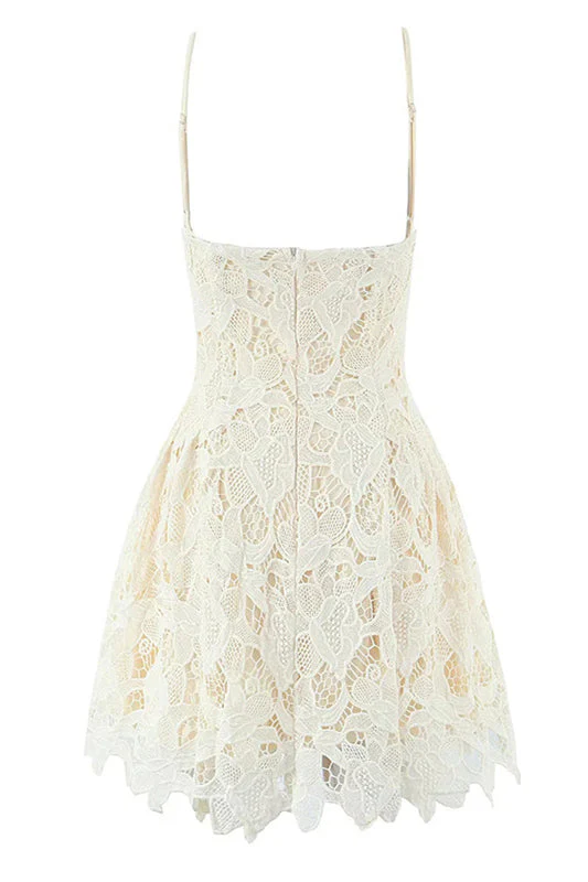 Spaghetti Straps Apricot Lace A-line Short Dress
