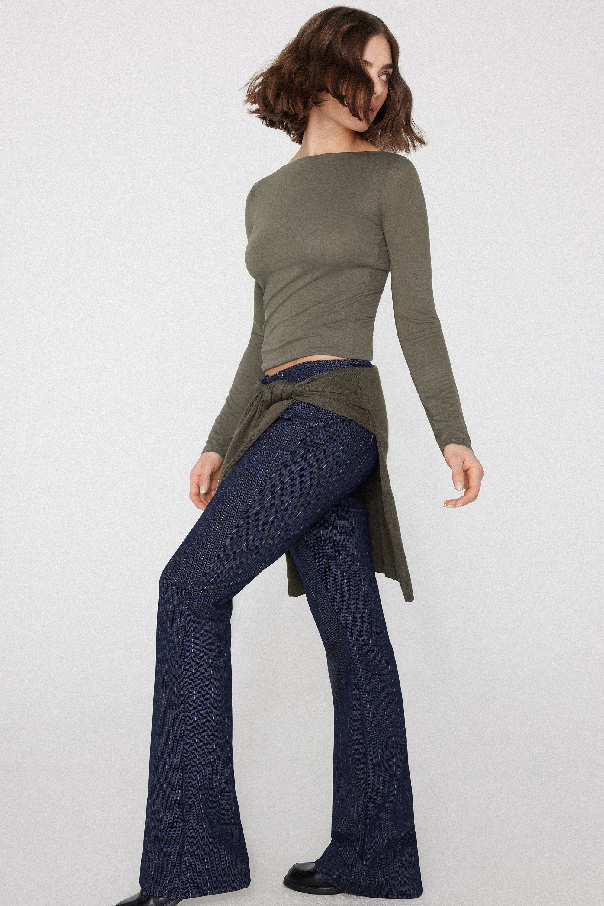 Long-Sleeved Viscose Top with Boat Neck