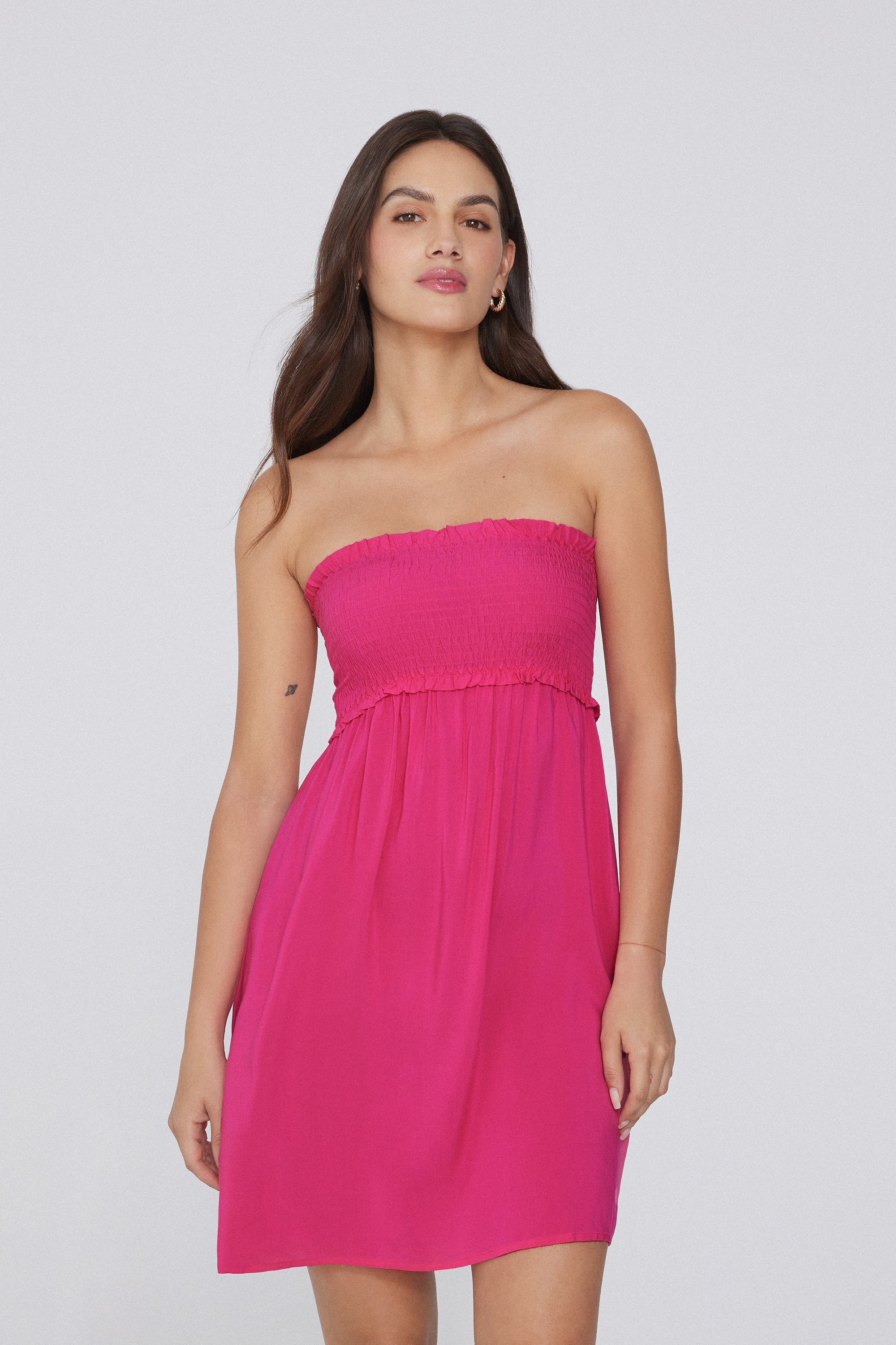 Short Bandeau Smock Stitch Viscose Fabric Dress