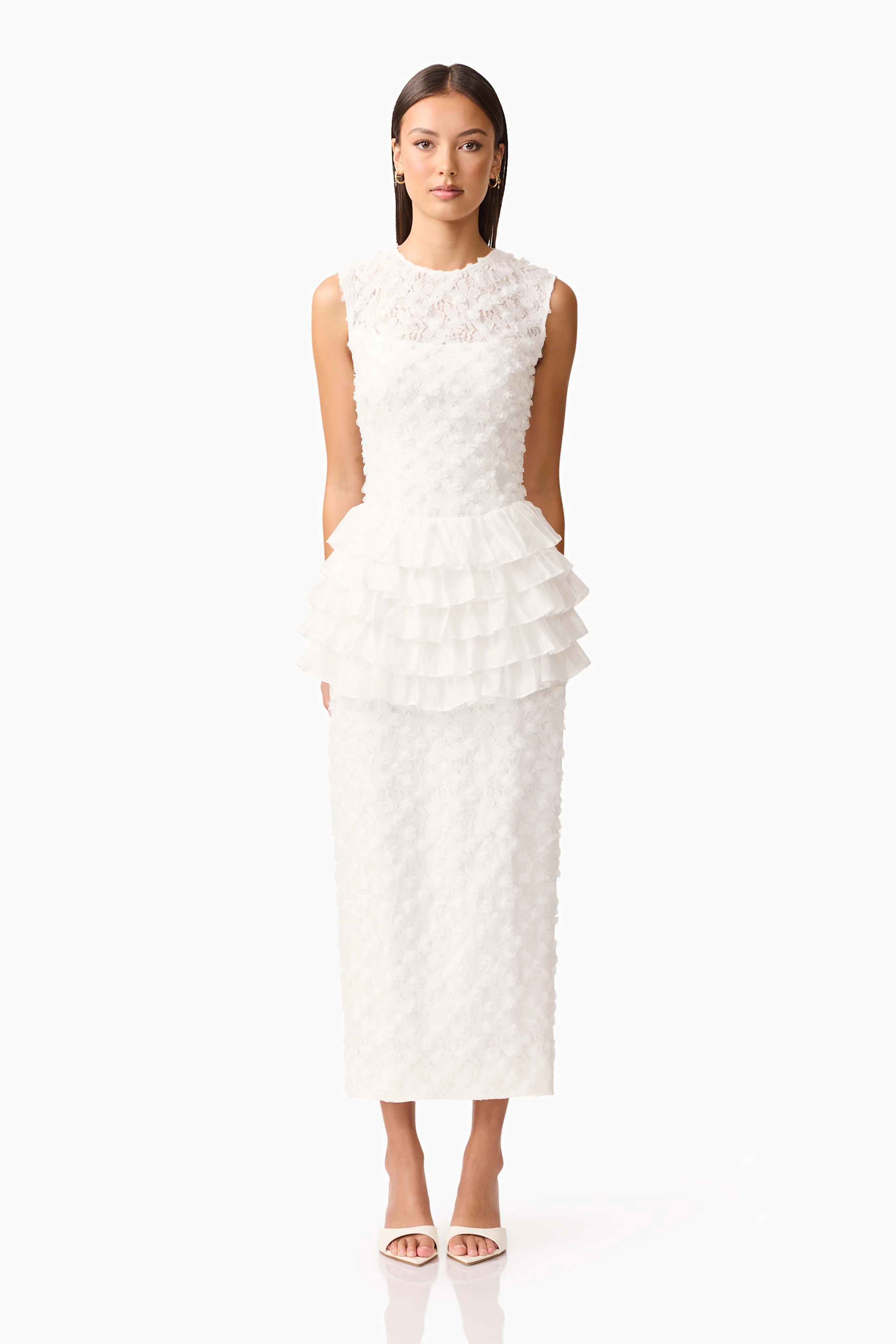 Athena Lace Midi Dress in White