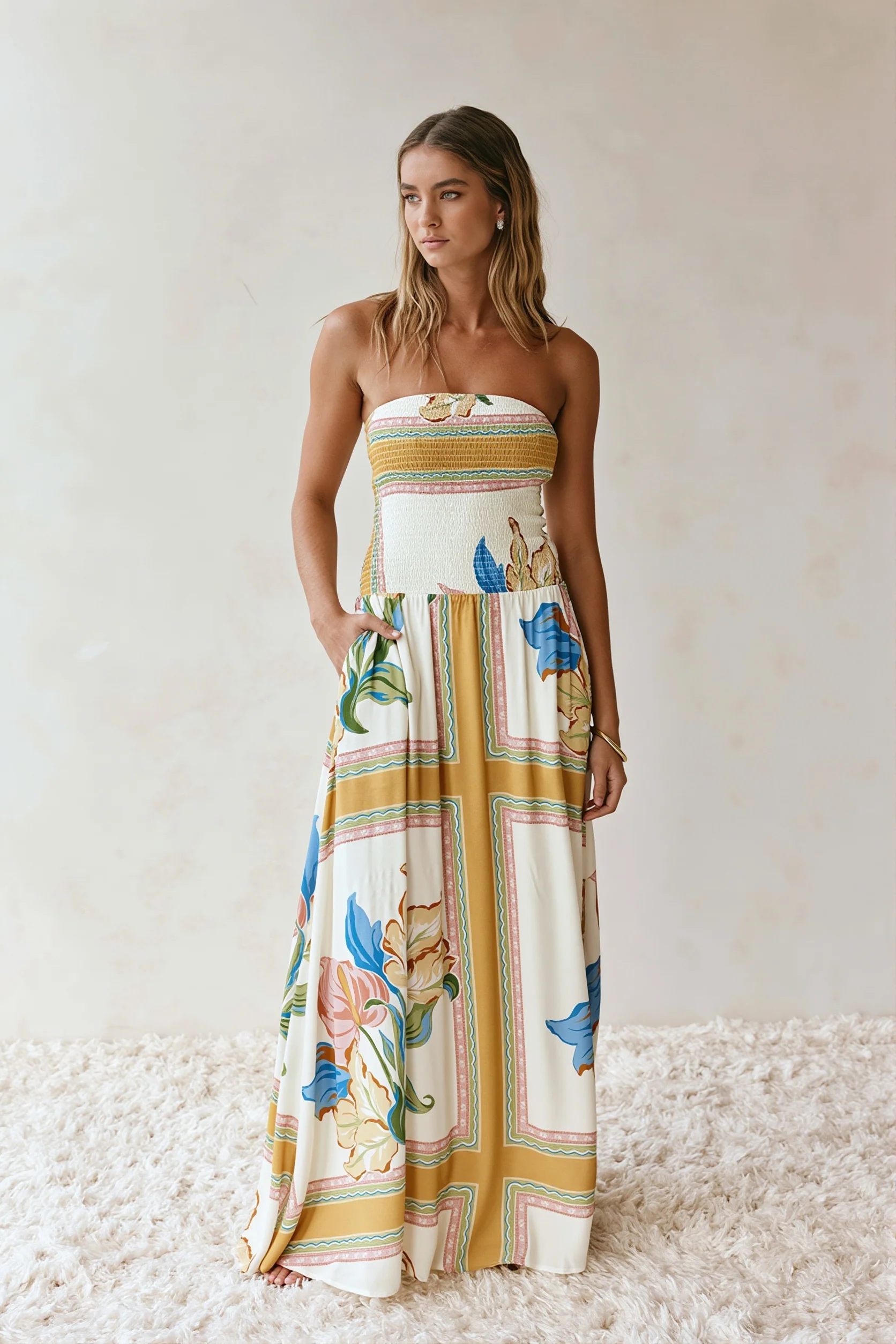 Boho Floral Bandeau Vacation Maxi Dress