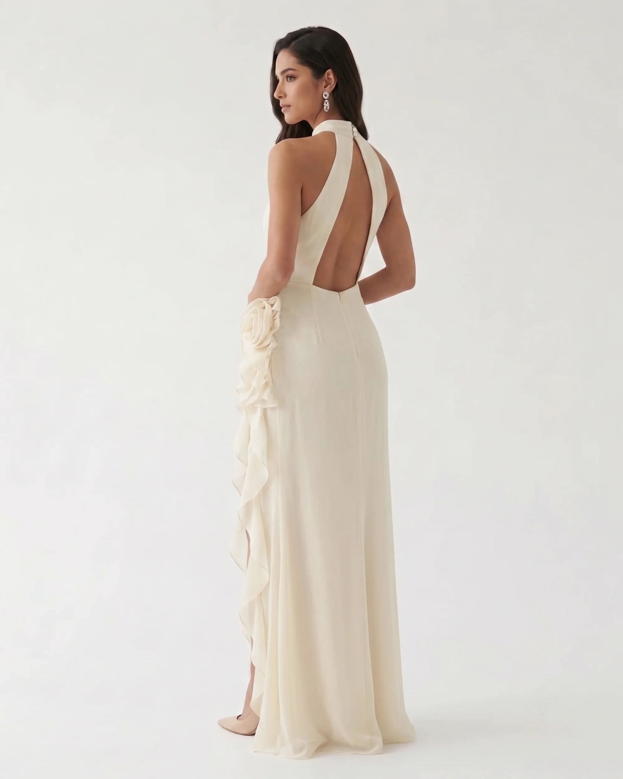 Halter Ruffle Rosette Slit Maxi Dress - Ivory