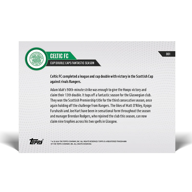 Celtic FC - Cup double caps fantastic season - 23/24 Celtic FC TOPPS NOW® UK Card 1