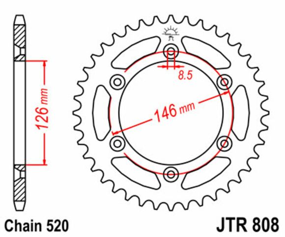 JT. Standard Steel Sprocket 808 - 520Ref: JTC00148A / 1075120006