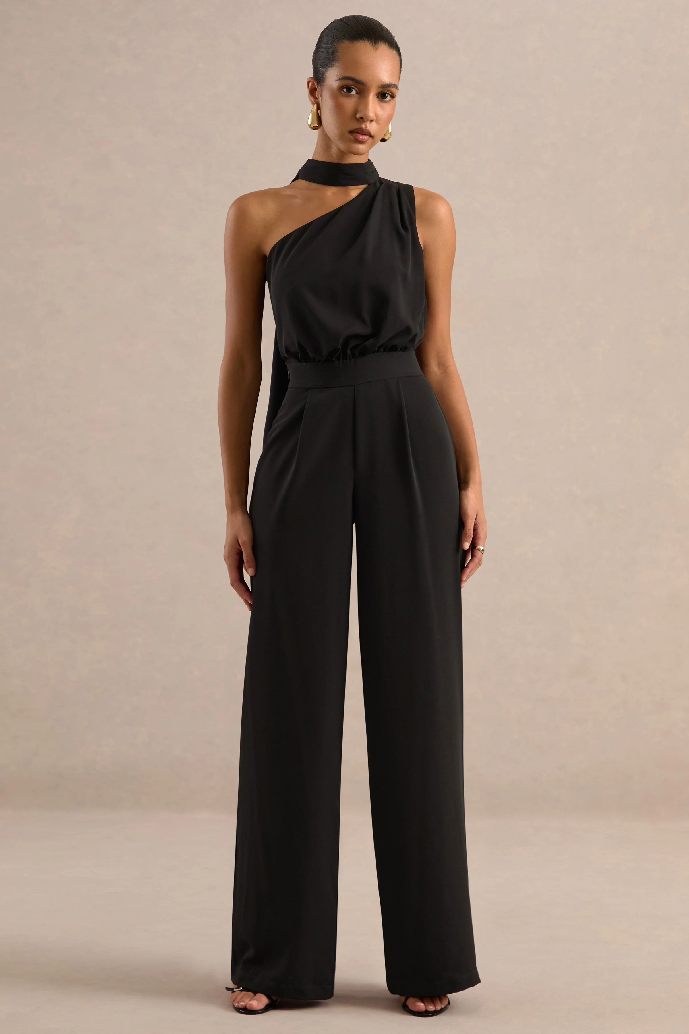 Gliselle | Black One Shoulder Jumpsuit With Scarf Detail