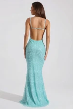 Embellished Cowl-Neck Backless Maxi Dress in Aqua Blue