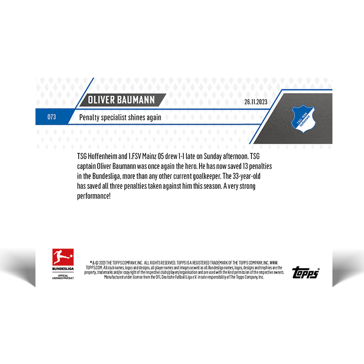 Topps UK - Oliver Baumann - Penalty specialist shines again - Bundesliga TOPPS NOW® Card #73