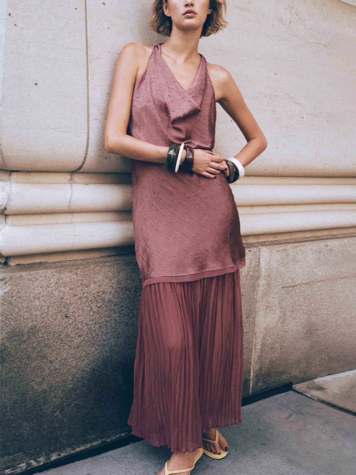 Dusty Rose Textured Halter Maxi Dress