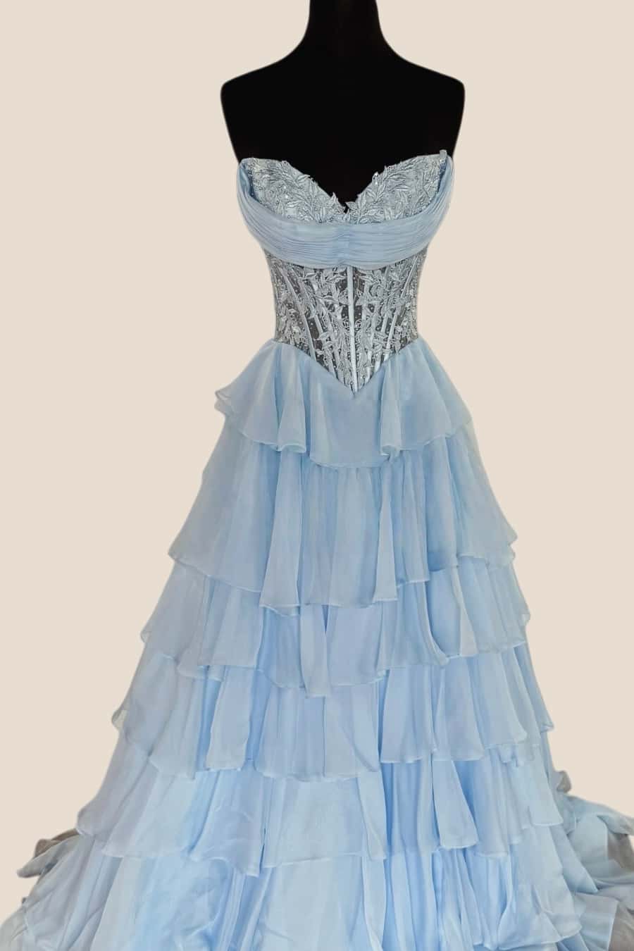 Hot Pink Lace Corset Chiffon Ruffle Long Dress