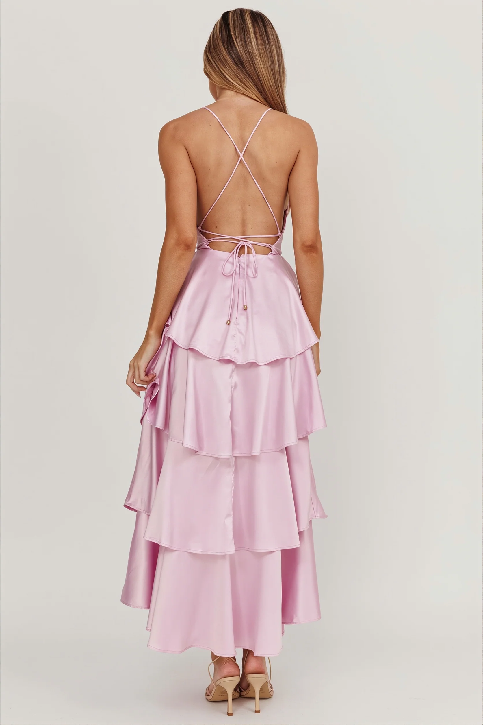 Satin V-Neck Cami Tiered Slim Maxi Dress
