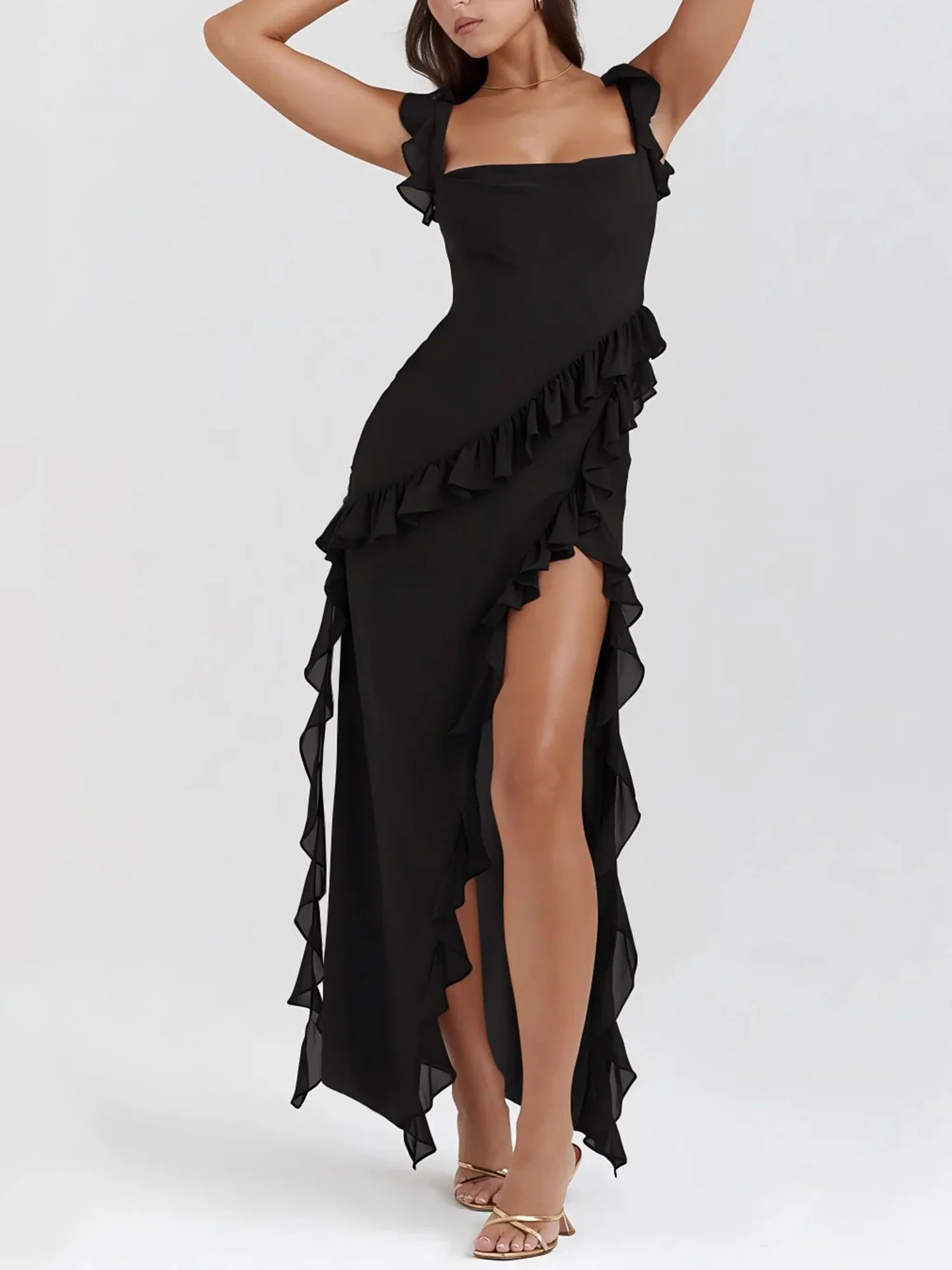 Black Ruffled Cutout Maxi Dress with High Slit