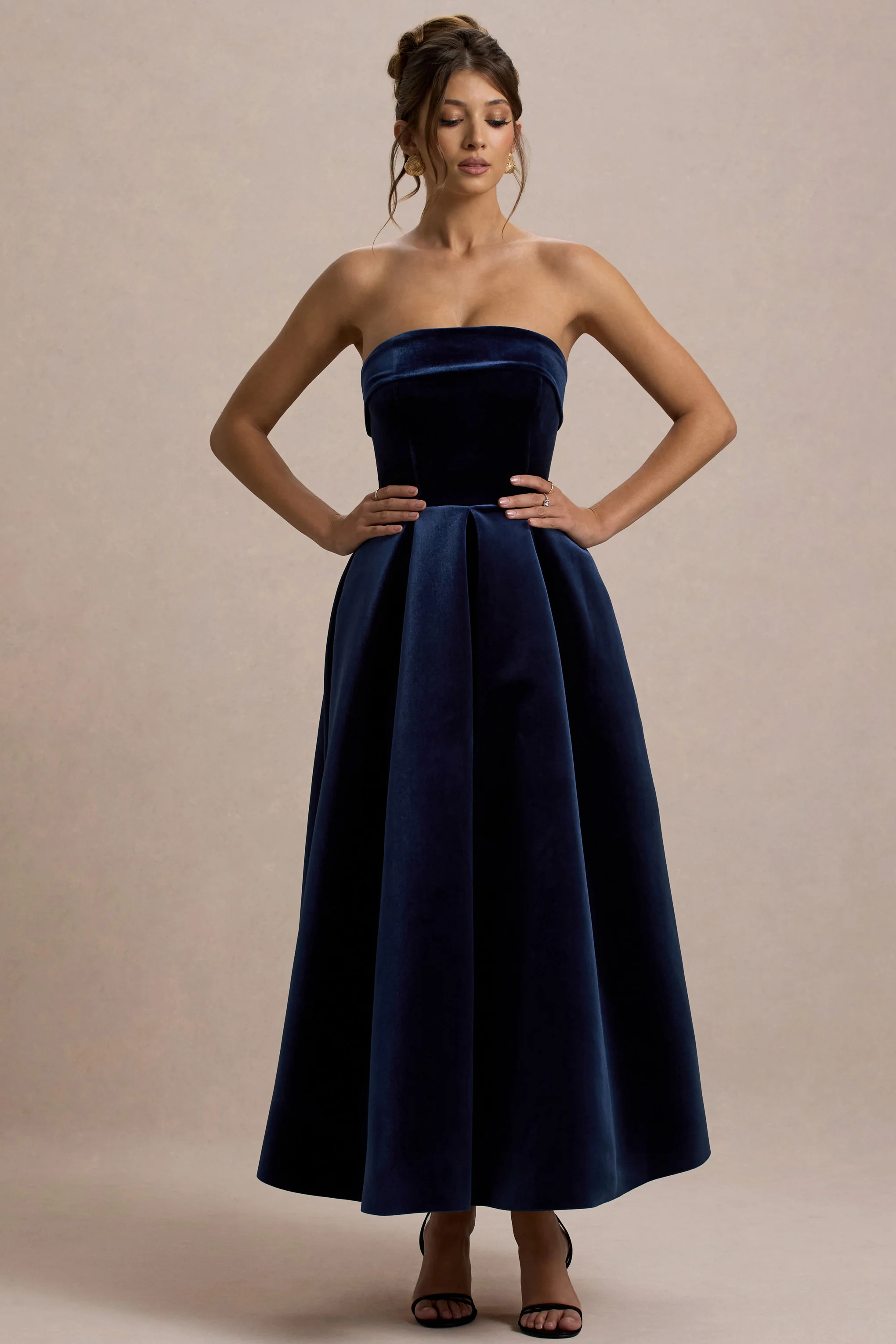 Addina | Navy Velvet Bandeau Skater Midi Dress