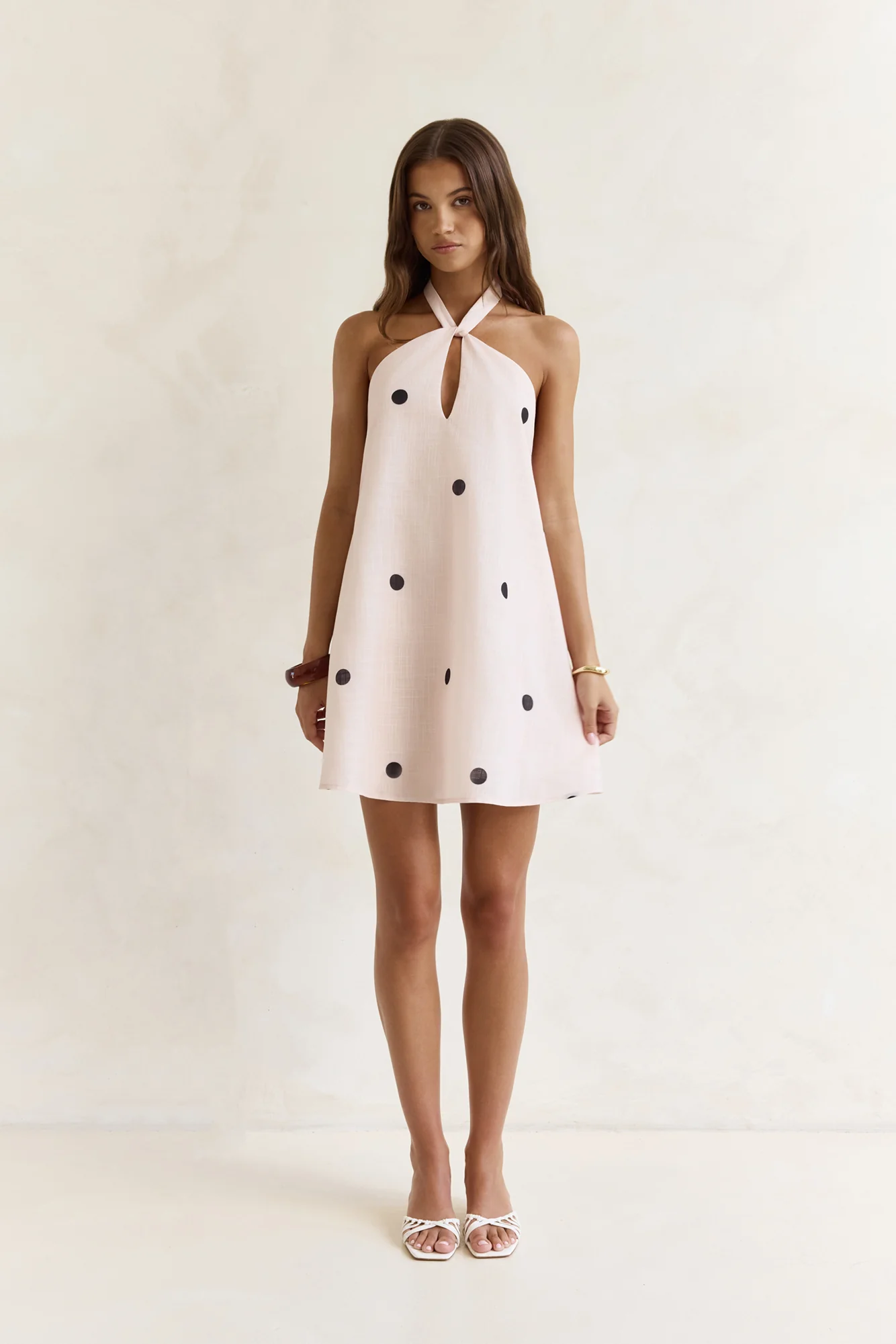 Faith In You Polka Dot Halter Mini Dress Beige