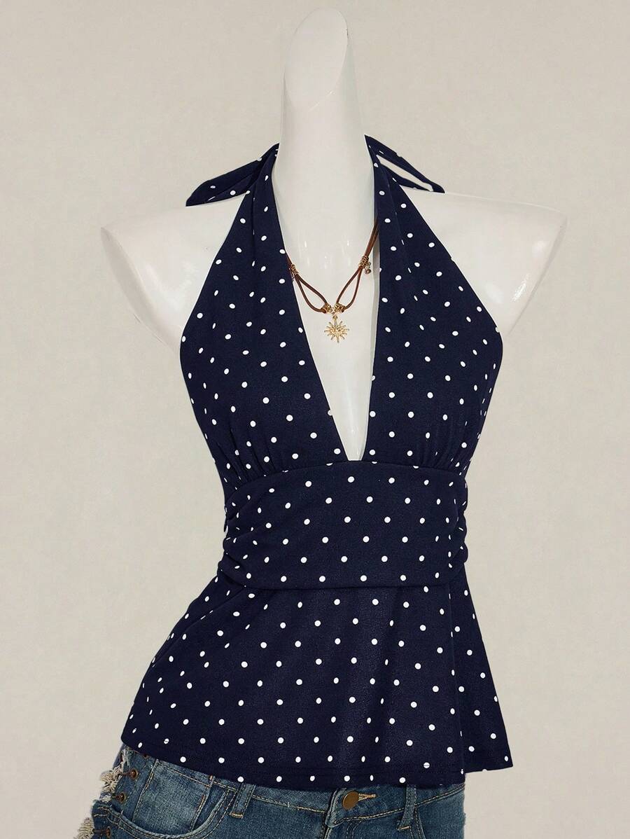 SHEIN ICON Halter Deep V-Neck Cinched Waist A-Line Backless Polka Dot Camisole Navy Blue Halter Tank Top