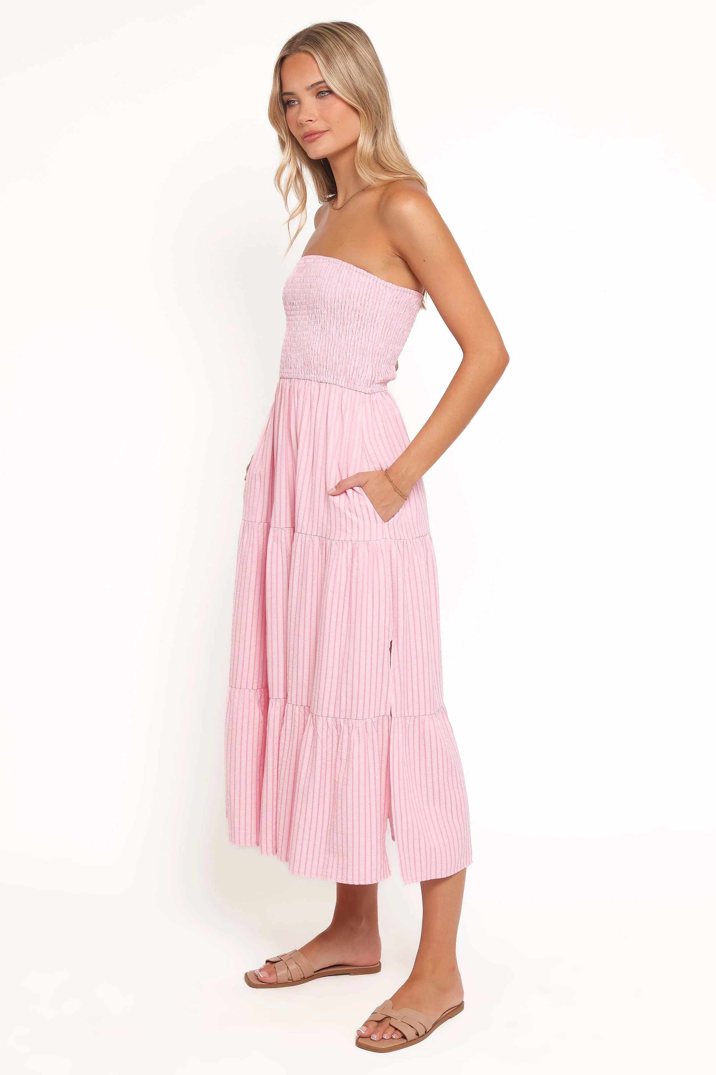 Maisie Strapless Midi Dress - Pink Stripe