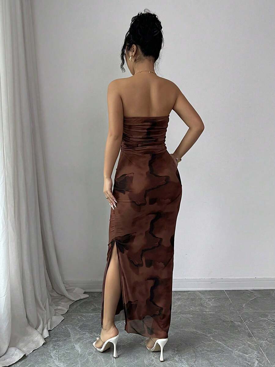 Rafferiza Ladies Elegant Pleated Smudged Mesh Print Waist Bandeau Dress Party Slit Dress, Brown Contrast Bandeau Dress, Mesh Hip Wrapping Tight Printed Dress